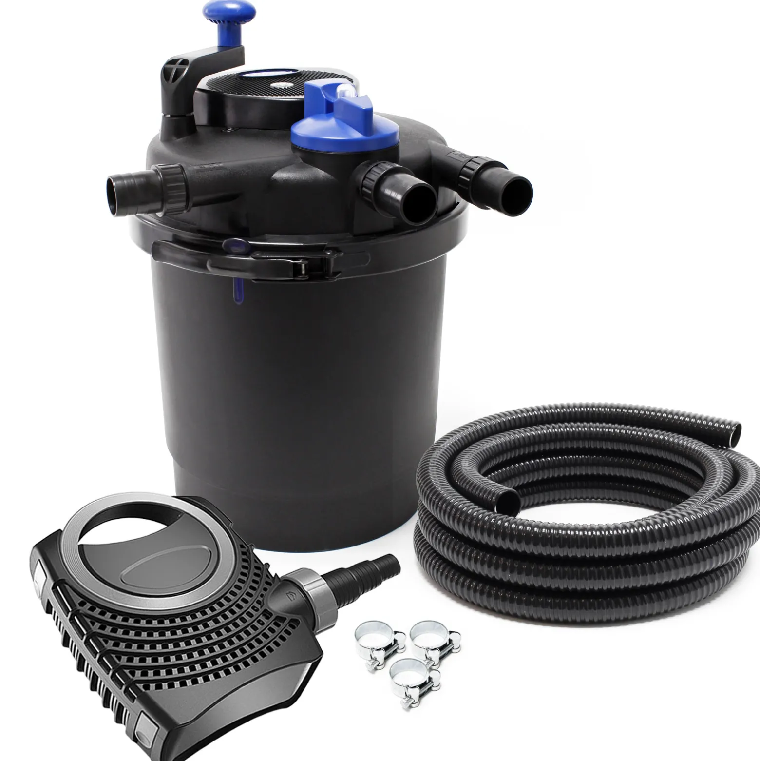 SunSun Komplettset: CPF-2500 Teichdruckfilter bis 6000 L mit 11 Watt UV-C Teichklärer, NEO6000 SuperEco Teichpumpe 6000l/h 40W, 5m Teichschlauch 32 mm (1 1/4"), Schlauchschellen W1 44-47mm