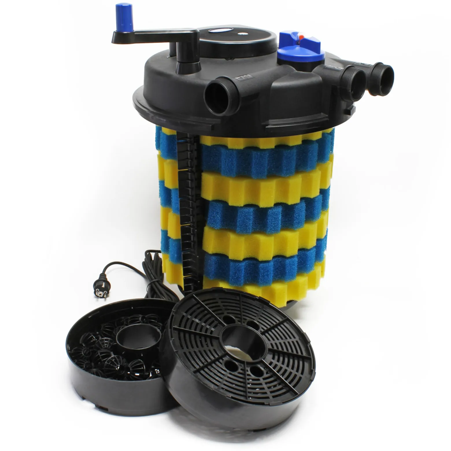 SunSun Komplettset: CPF-50000 Teichdruckfilter Moving Bed bis 13000L, 55W UV-C Teichklärer, NEO10000 SuperECO Teichpumpe 10000l/h 80W, 10m Teichschlauch 38 mm (1 1/2"), Schlauchschellen W1 44-47mm