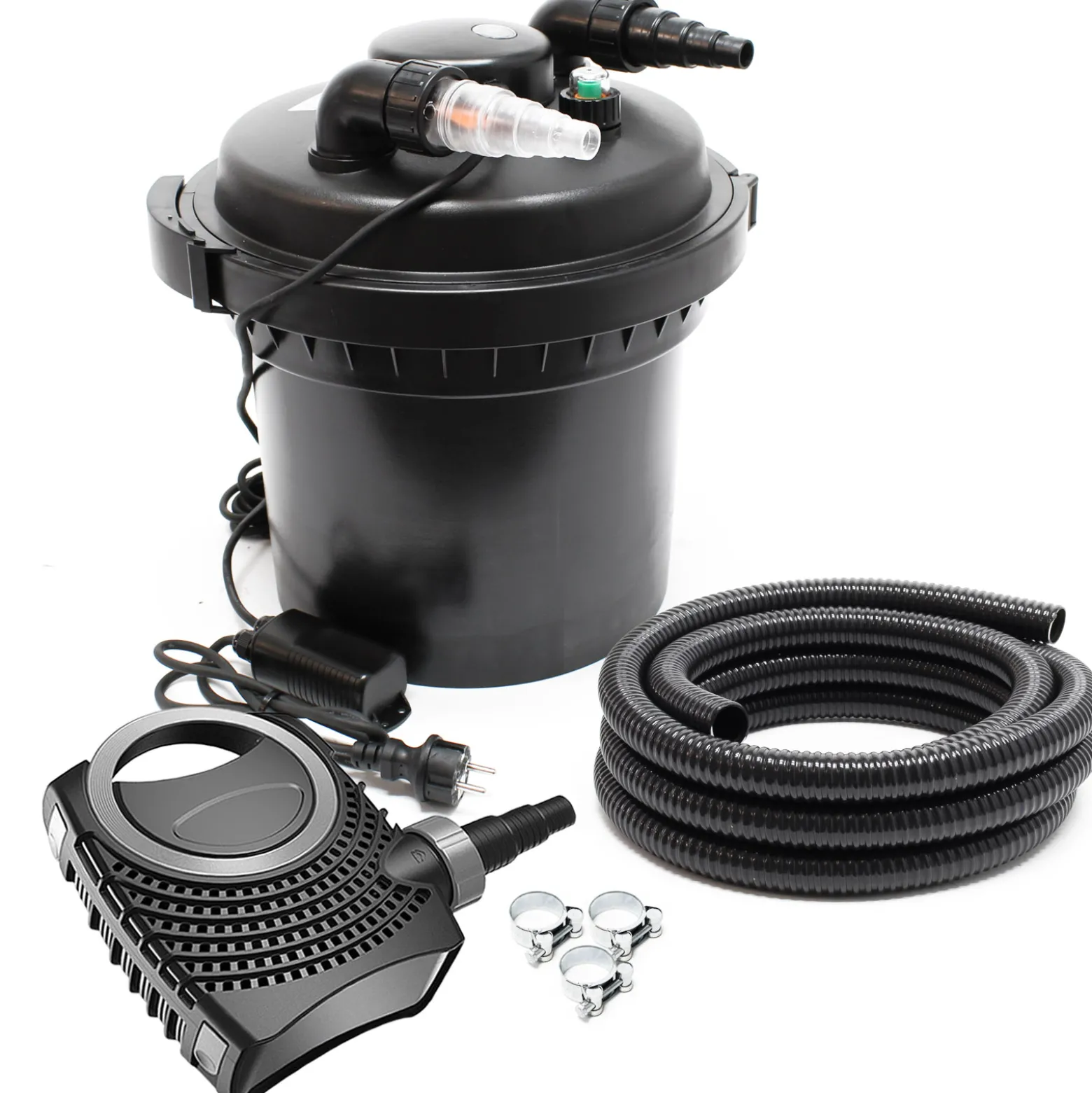 SunSun Komplettset: CPF-280 Teichdruckfilter bis 8000 L mit 11 Watt UV-C Teichklärer, NEO3800 SuperEco Teichpumpe 3600l/h 20W, 5m Teichschlauch 38 mm (1 1/2"), Schlauchschellen W1 44-47mm