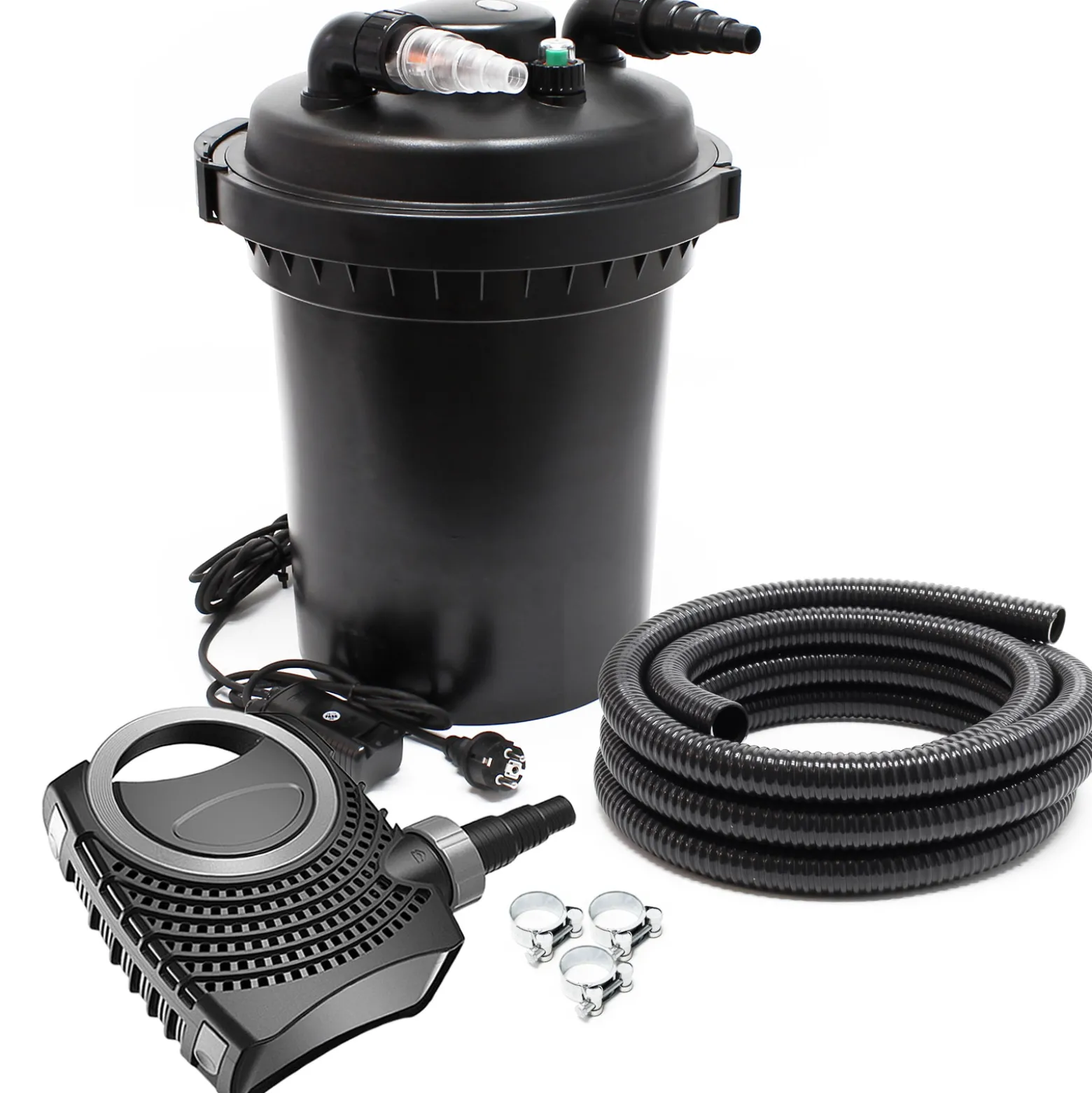 SunSun Komplettset: CPF-380 Teichdruckfilter bis 12000 L mit 11 Watt UV-C Teichklärer, NEO8000 SuperEco Teichpumpe 8000l/h 70W, 10m Teichschlauch 38 mm (1 1/2"), Schlauchschellen W1 44-47mm