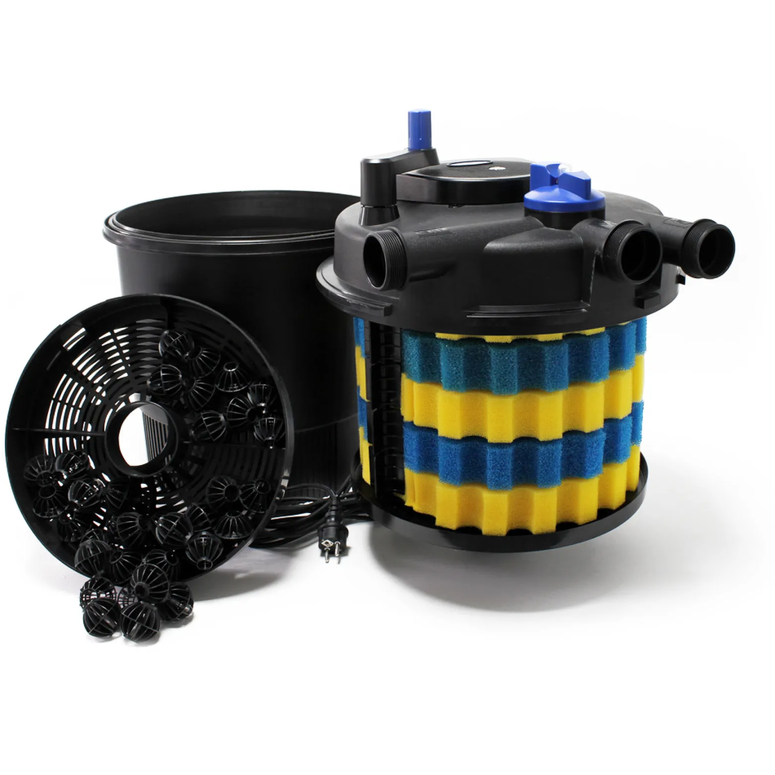 SunSun Komplettset: CPF-10000 Teichdruckfilter bis 10000 L mit 11 Watt UV-C Teichklärer, NEO8000 SuperEco Teichpumpe 8000l/h 70W, 10m Teichschlauch 38 mm (1 1/2"), Schlauchschellen W1 44-47mm