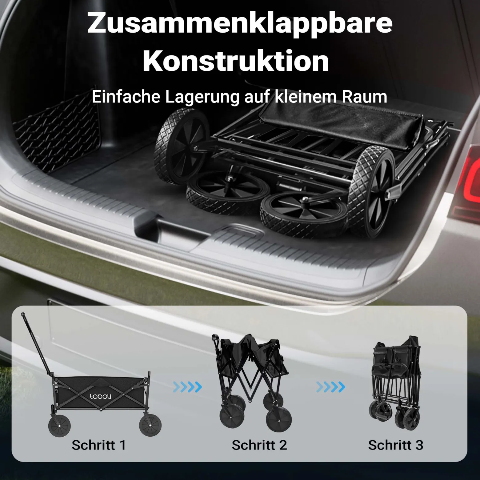 Toboli Bollerwagen faltbar offroad schwarz, Faltbollerwagen belastbar bis 100 kg, Klappbollerwagen für Strand, Garten, Einkäufe