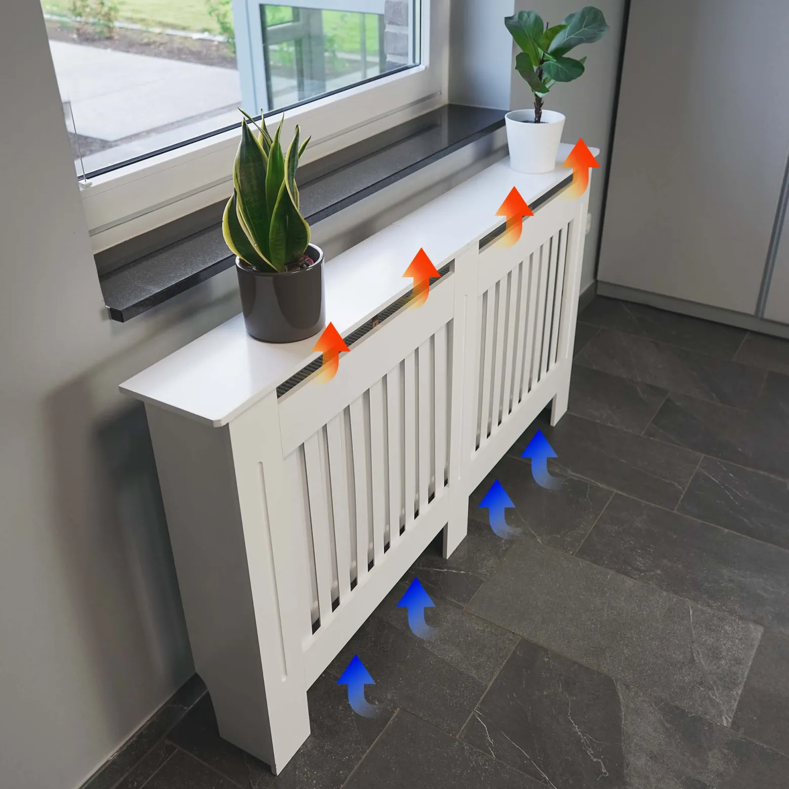Toboli Heizkörperverkleidung weiß 172 x 19 x 82 cm, Heizkörperabdeckung aus MDF, Holzverkleidung für Heizkörper in Lamellenoptik