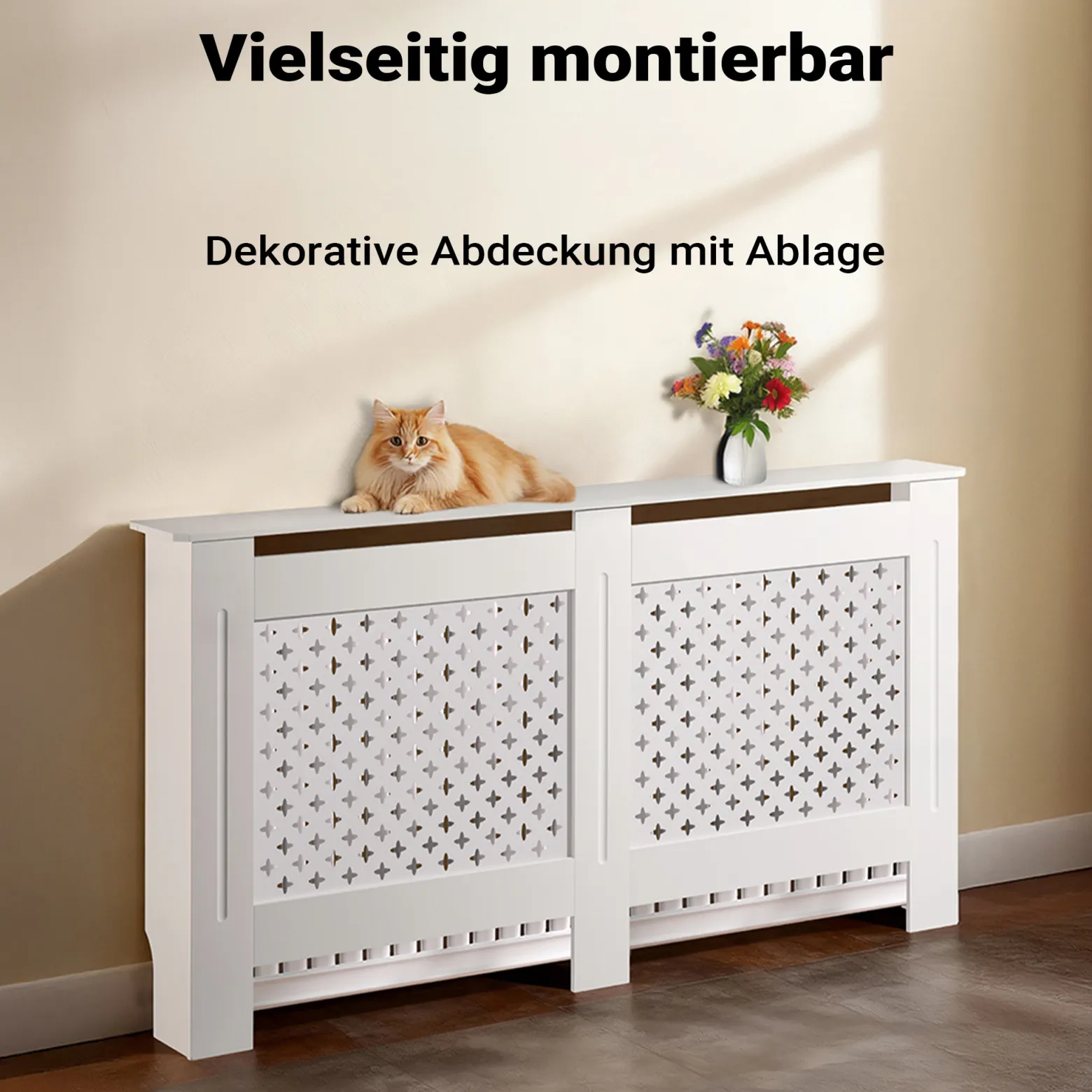Toboli Heizkörperverkleidung weiß 152 x 19 x 82 cm, Heizkörperabdeckung aus MDF, Holzverkleidung für Heizkörper, Heizung stilvoll verkleiden