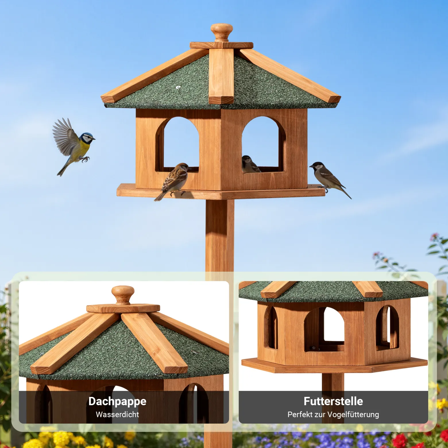 Toboli Vogelfutterhaus 115 cm mit Dreifuß, Vogelhaus aus Holz, wetterfestes Vogelfutterhäuschen mit Ständer, Futterhäuschen für Vögel