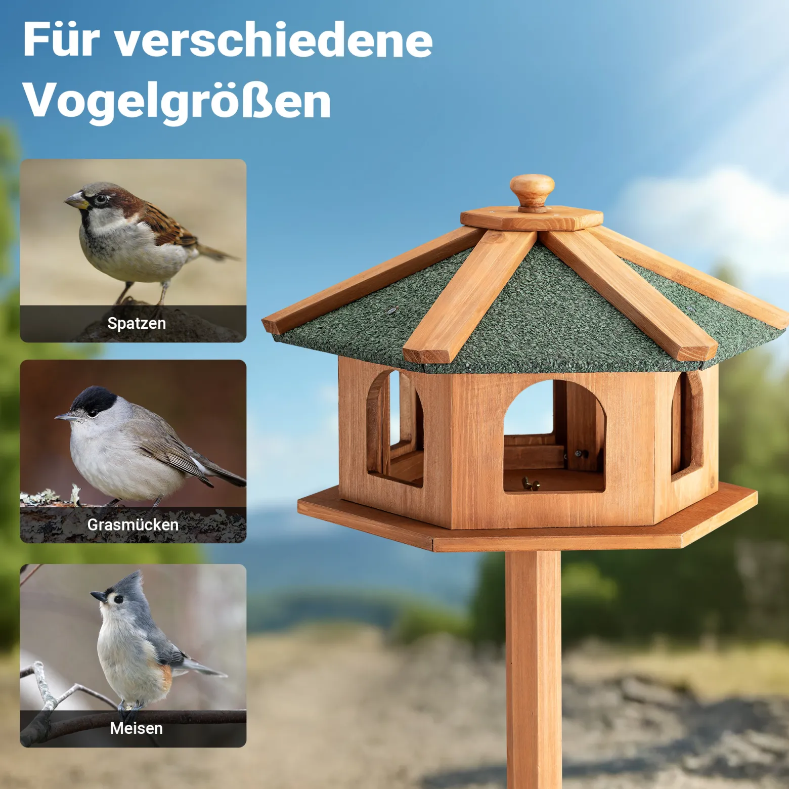 Toboli Vogelfutterhaus 115 cm mit Dreifuß, Vogelhaus aus Holz, wetterfestes Vogelfutterhäuschen mit Ständer, Futterhäuschen für Vögel