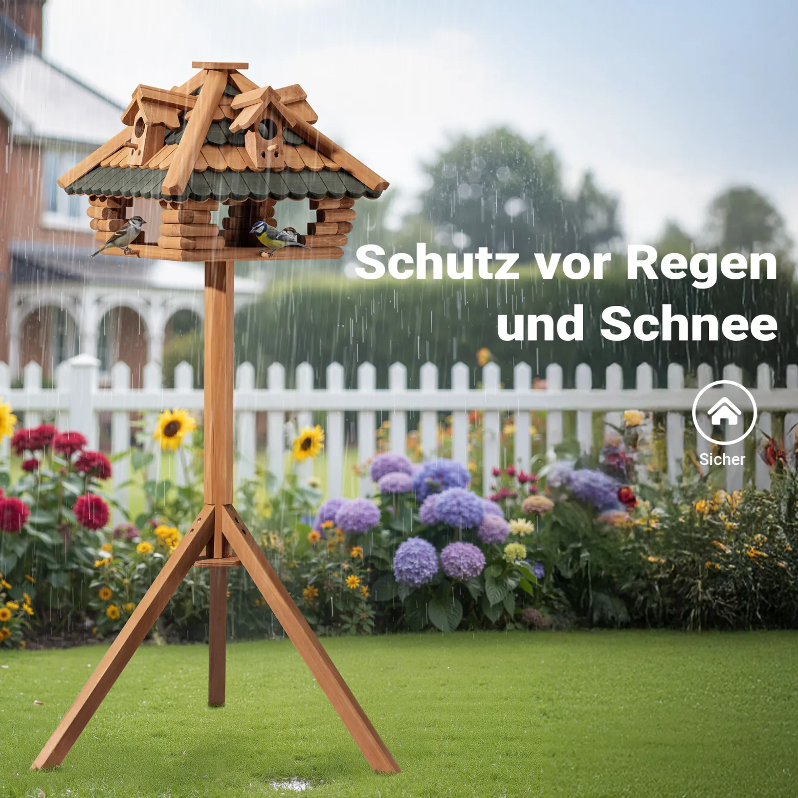 Toboli Vogelfutterhaus 115 cm mit Ständer, Vogelhaus aus Holz, wetterfestes Vogelfutterhäuschen mit Dreifuß, Futterhäuschen für Vögel