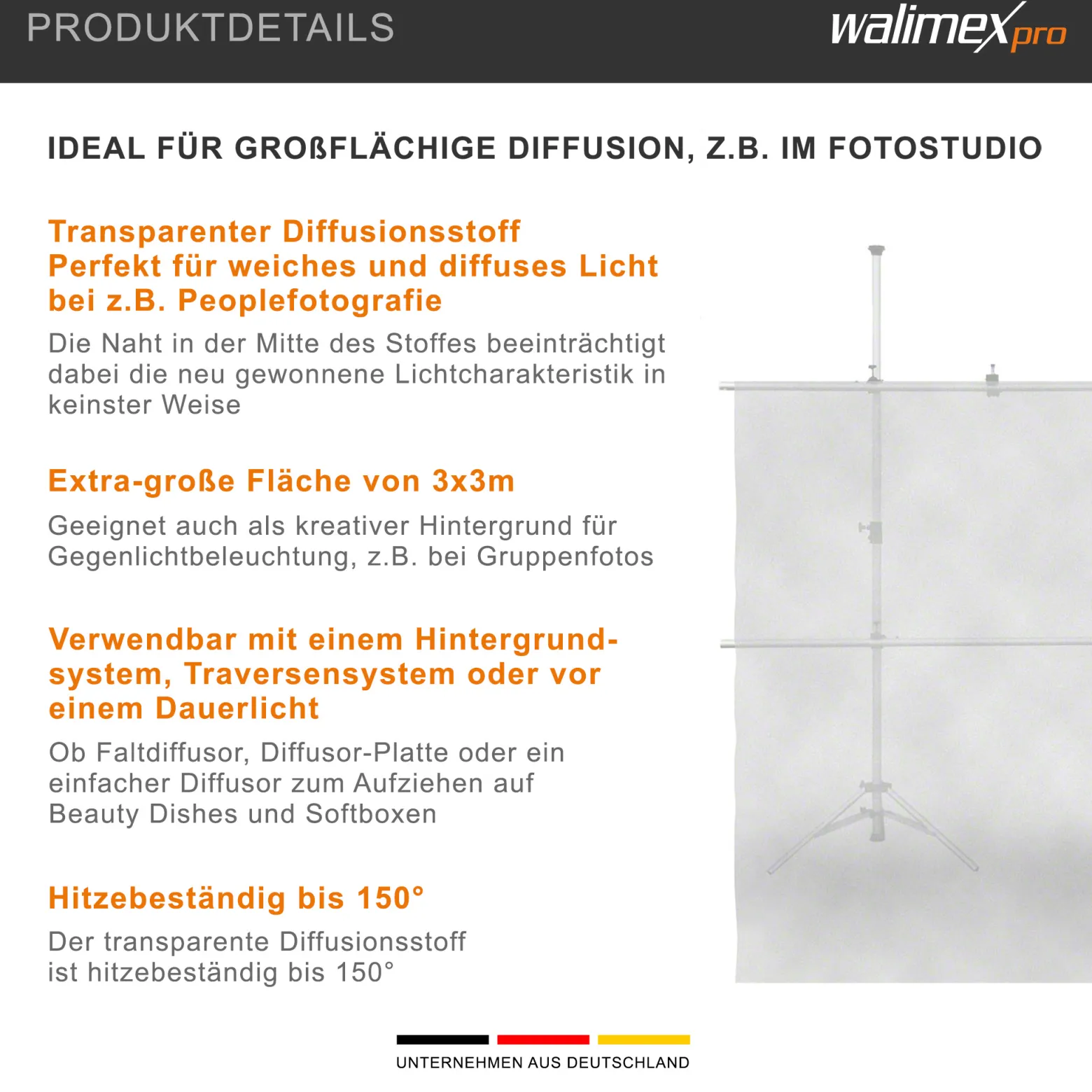 Walimex Diffusor Stoff 3 x 3 m, transparenter Lichtformer für weiches, diffuses Licht, hitzebeständig, als Fotohintergrund nutzbar, ideal für Fotostudio