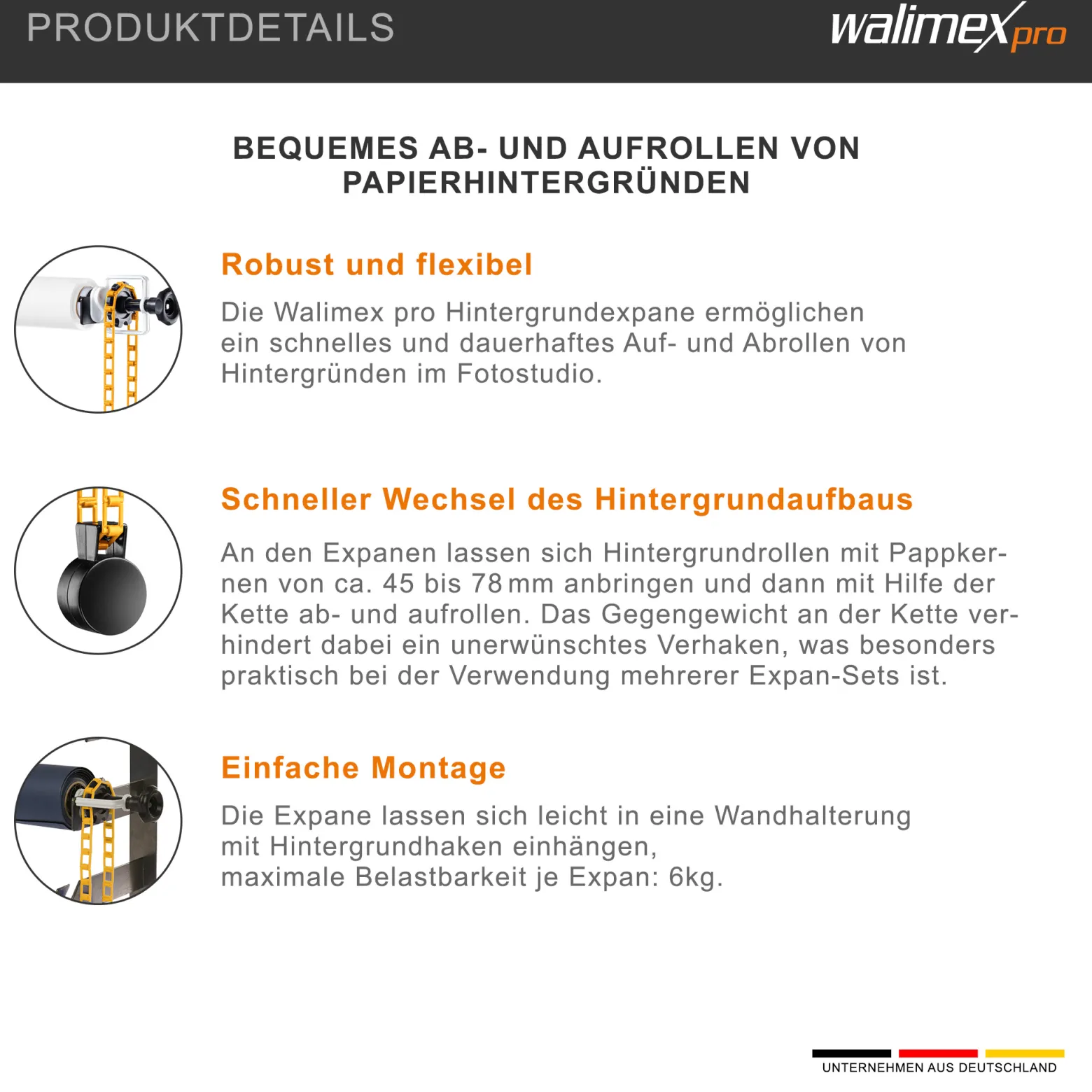 Walimex 3-fach Hintergrund Wandmontageset Mehrfarben, mit 3 Expan Paaren und 2 Hintergrundhaken, für 3 Papierhintergründe, Wand- und Deckenmontage, bis 6 kg belastbar