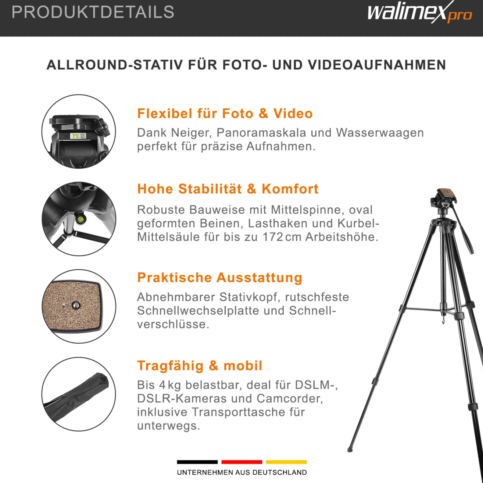 Walimex FW-3970 Semi-Pro Stativ mit Neiger, Kamerastativ höhenverstellbar bis 172 cm, Fotostativ belastbar bis 4 kg, Dreibeinstativ mit Stativkopf, 2 Wasserwaagen, Libelle, Schnellwechselplatte
