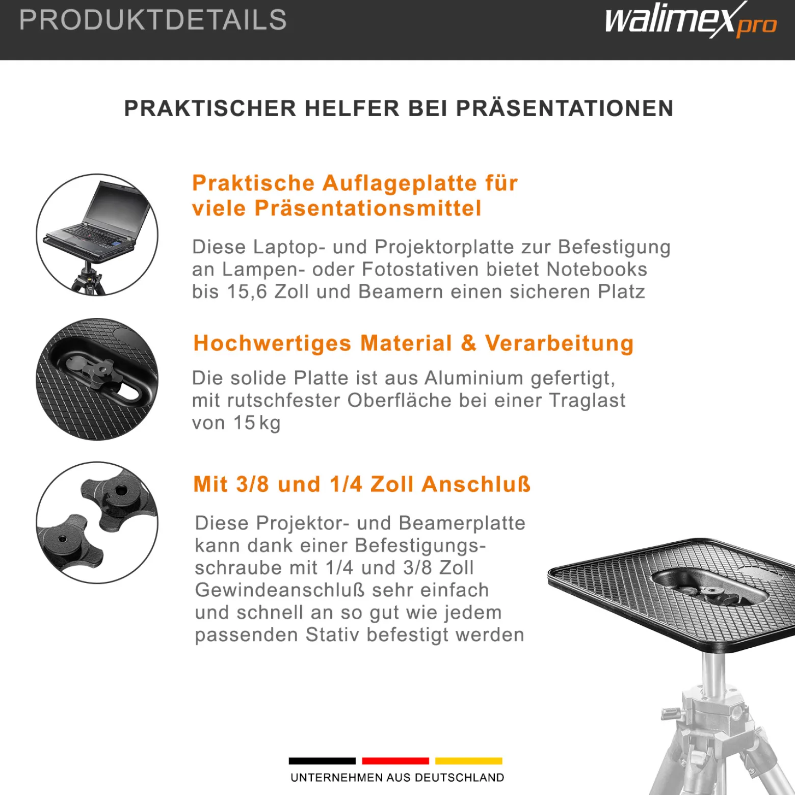 Walimex Laptop- und Projektorplatte 350 x 250 x 30 mm Auflagefläche 36 x 26 cm aus Aluminium max. 15 kg Traglast - stabile rutschfeste Halterung für Beamer, Monitore & Laptops