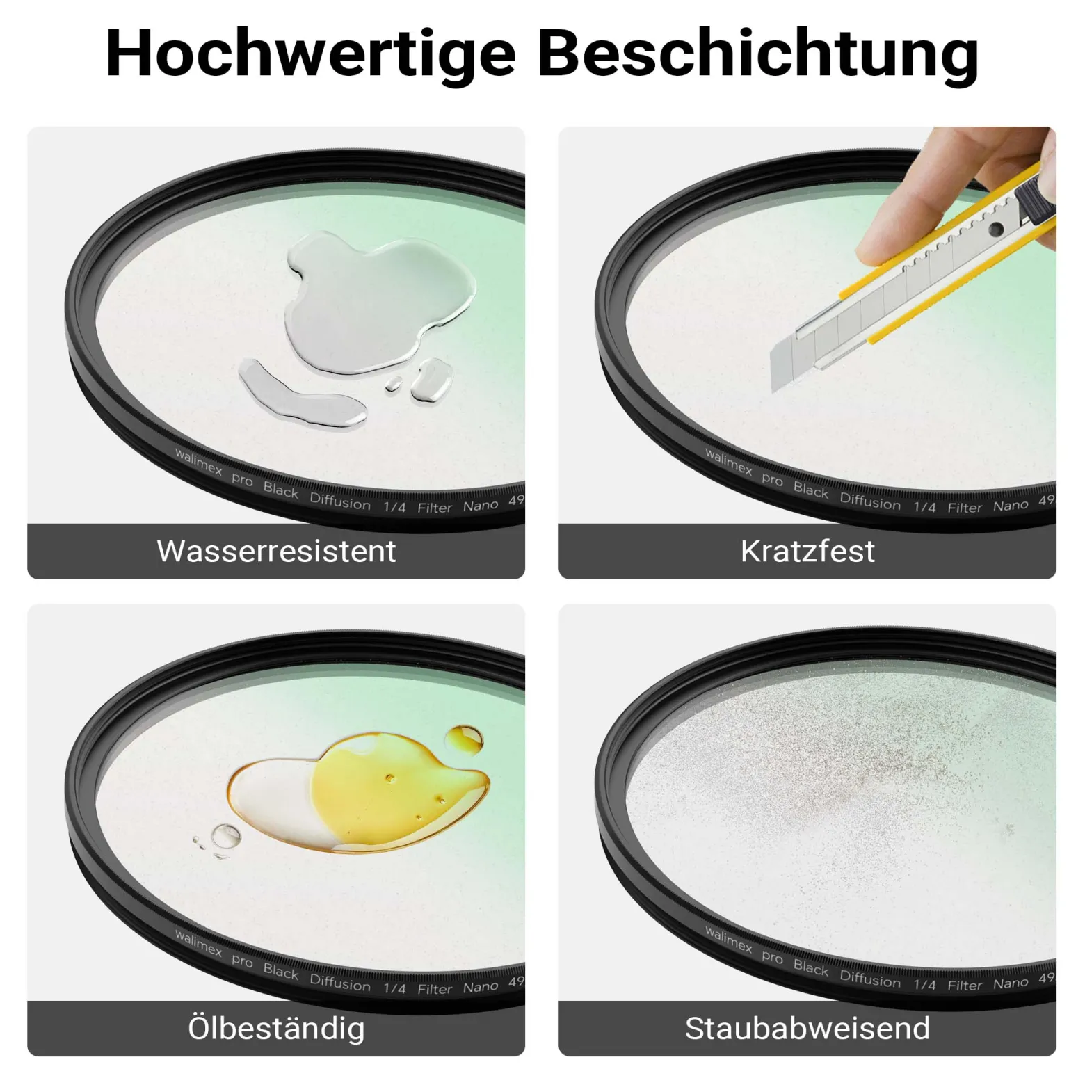 Walimex pro Black Diffusion 1/4 Filter Nano 77 mm, Diffusionsfilter mit 18-facher Nano-Beschichtung, Nebelfilter mit 3,3 mm Slimfassung