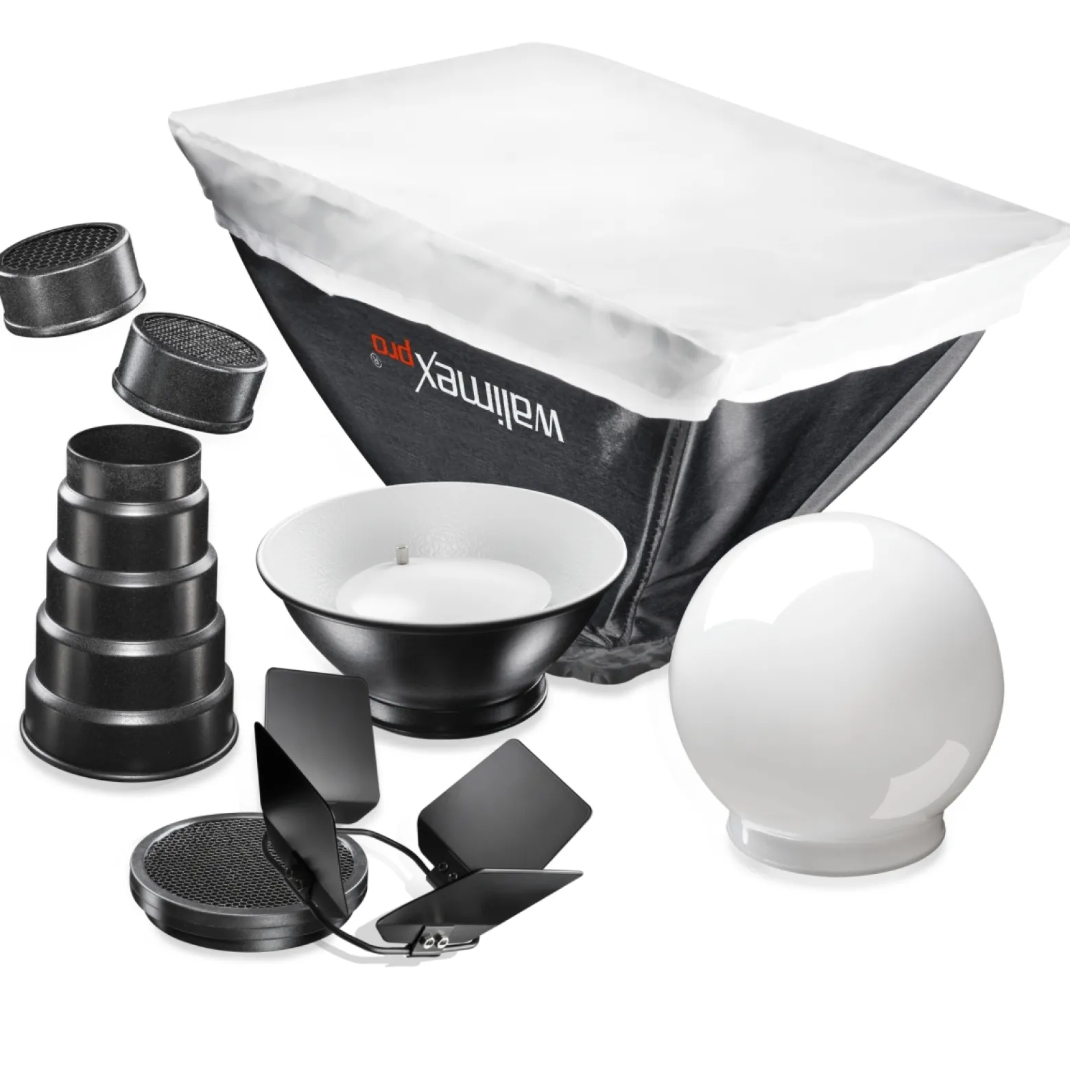 Walimex pro Blitzvorsätze 7tlg - mit Adapter, Diffusorkugel, Abschirmklappen, Softbox, Beauty Dish, Wabe - kompatibel mit Sony F32X und kompatibel mit Canon 430EX