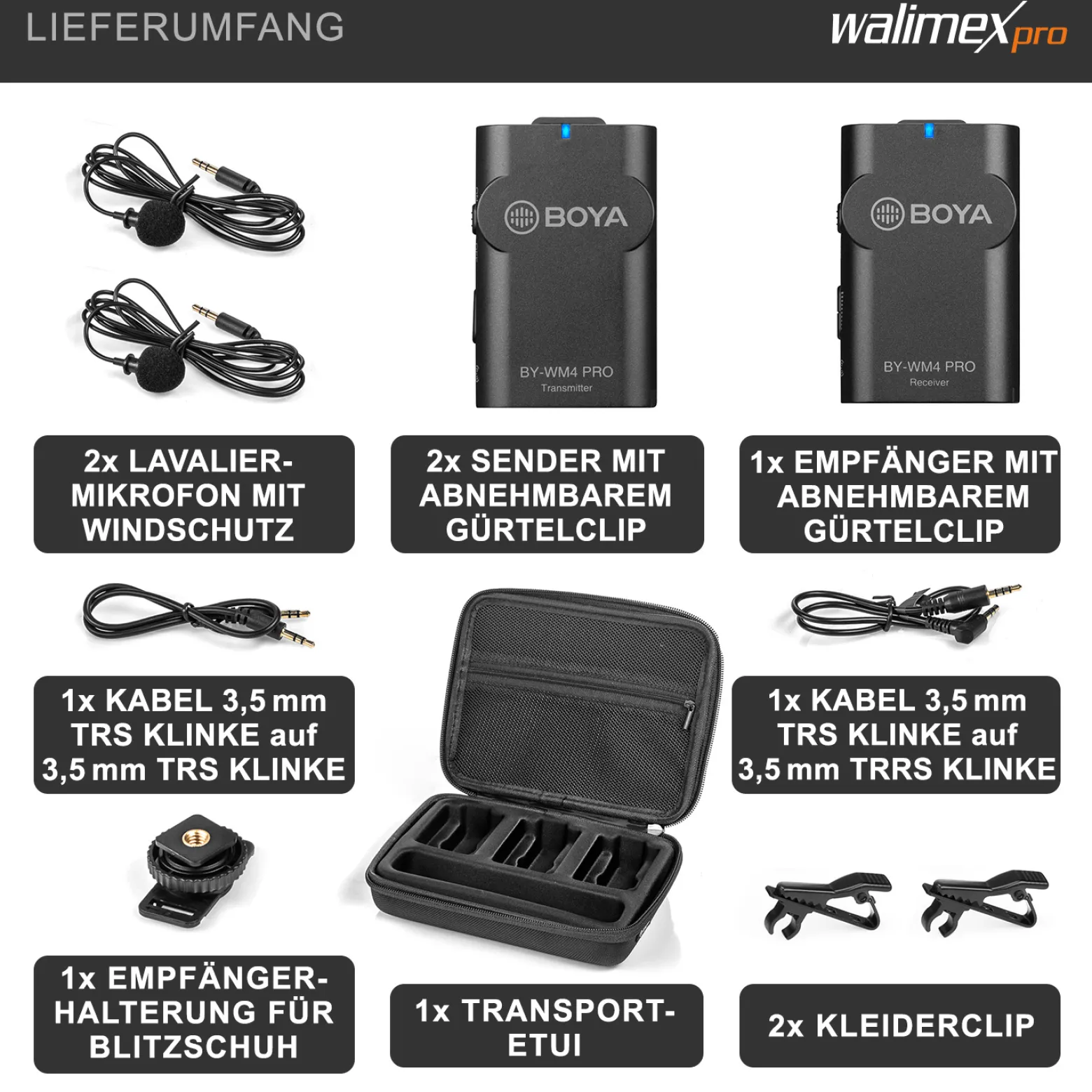 Walimex pro Boya 3er Set WM4 Pro K-2 Lavalier Kondensator Mikrofon - 60 m - mit 2x Sender und 1x Empfänger, 3,5 mm Klinkenstecker, 120 cm Kabel, Etui - für Video- und Audioanwendungen