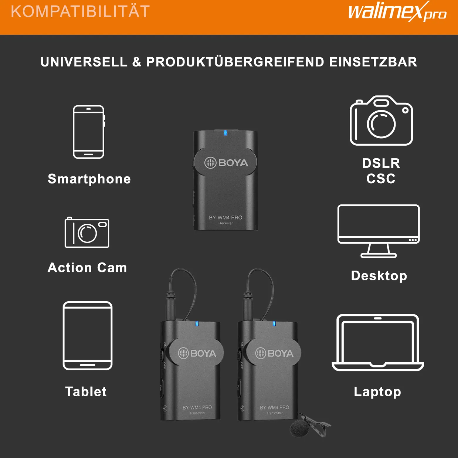 Walimex pro Boya 3er Set WM4 Pro K-2 Lavalier Kondensator Mikrofon - 60 m - mit 2x Sender und 1x Empfänger, 3,5 mm Klinkenstecker, 120 cm Kabel, Etui - für Video- und Audioanwendungen