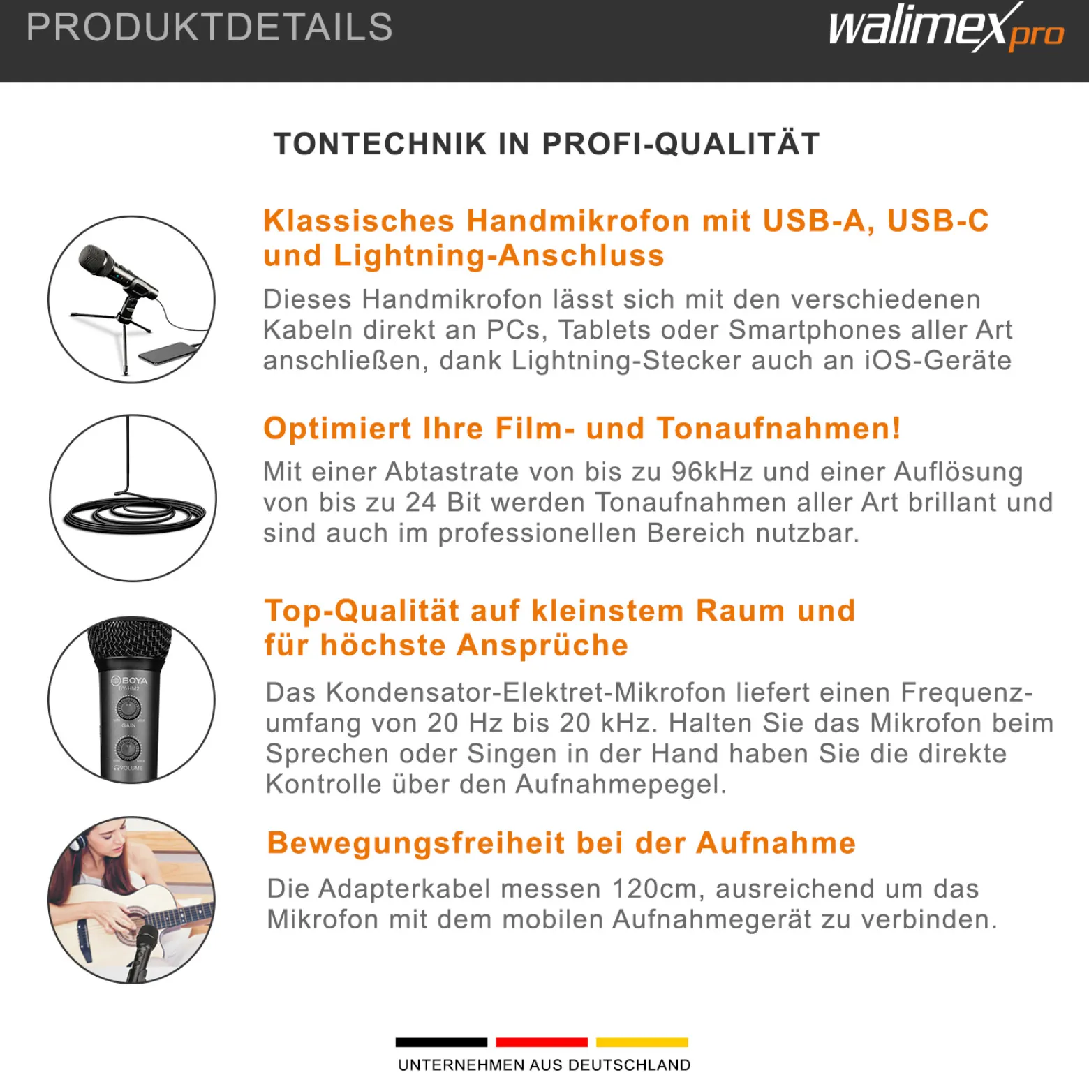 Walimex pro Boya HM2 Handmikrofon, Mikrofon mit USB-C Anschluss & 120 cm Kabel, Mikro für Handy zum Singen, Kopfhörerbuchse und Halterung für Mikrofonstativ
