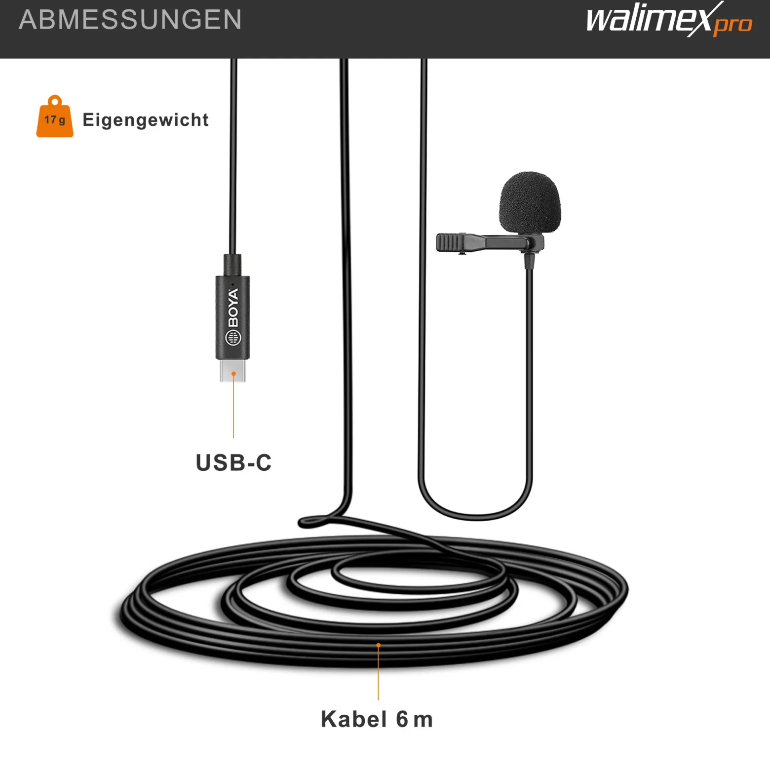 Walimex pro Boya M3 Ansteckmikrofon für USB C, leistungsstarkes Lavaliermikrofon 50 Hz-20 kHz, externes Mitkrofon mit USB-Adapterkabel, Lavalier-Mic für Video- und Audioanwendungen