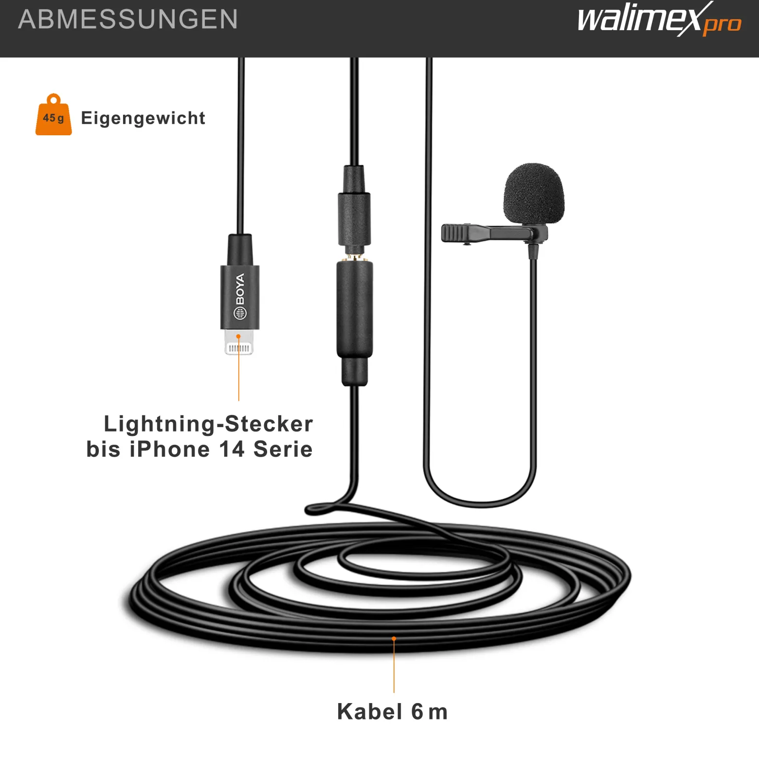 Walimex pro Boya M2 Ansteckmikrofon für iOS, leistungsstarkes Lavaliermikrofon 50 Hz-20 kHz, externes Mitkrofon mit Lightning-Adapterkabel, Lavalier-Mic für Video- und Audioanwendungen