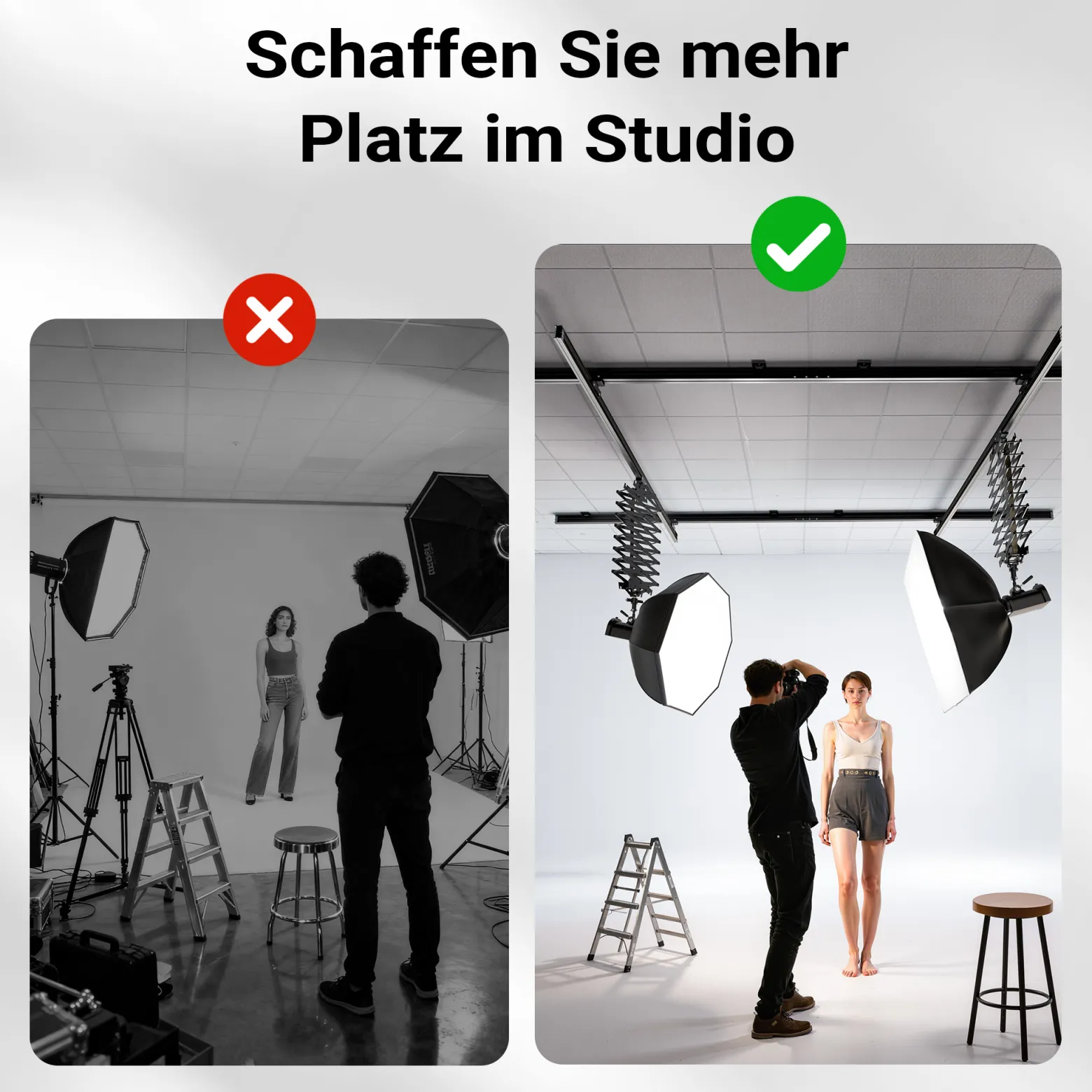 Walimex pro Deckenschienensystem 4 x 2,6 m Komplettset mit Schienen, 8 Deckenhaltern und 3 stufenlos ausziehbaren Scheren 40-215 cm bis zu 6 kg für effiziente Arbeit im Fotostudio freie Arbeitsfläche