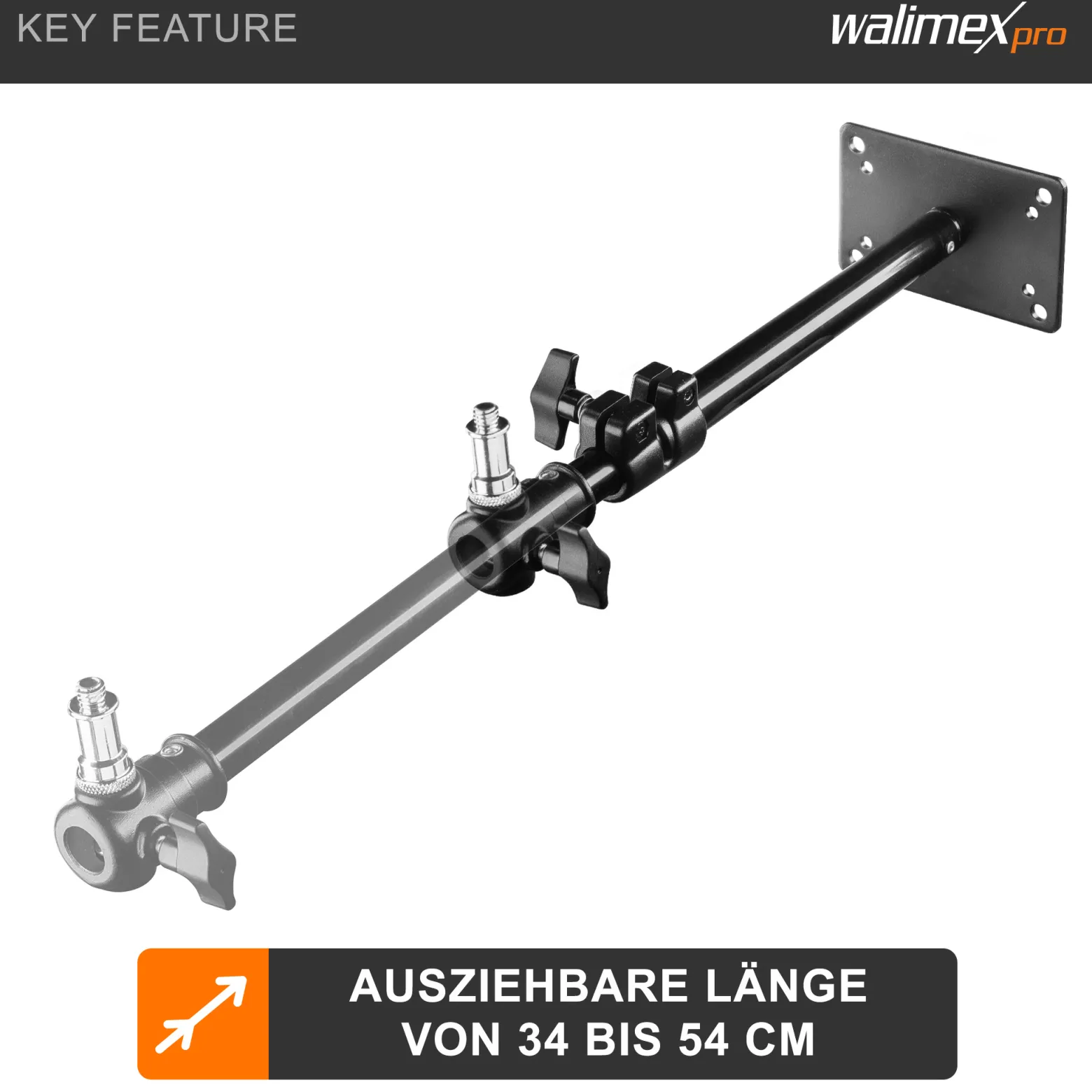 Walimex pro Deckenstativ 34-54 cm, Lichtstativ mit doppelseitigem 5/8" Spigot, Auslegerarm Halterung mit 1/4" u. 3/8" Gewinde, Lampenstativ belastbar bis 6 kg ideal für Videoleuchte, Softbox u. Kamera