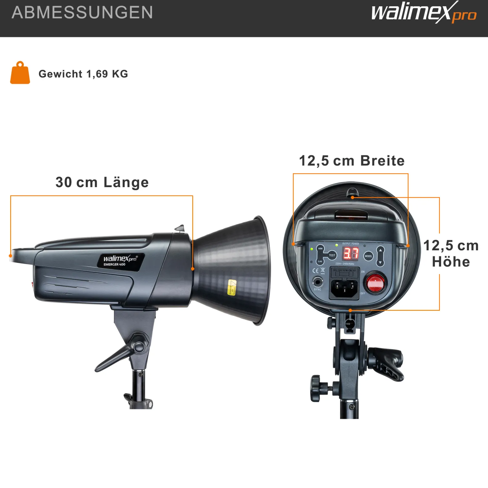 Walimex pro Emerger 200 Set Single Studioblitz mit 200 Ws Blitzleistung, Blitzgerät mit 2,4 GHz Funk, mit Softbox 60 x 90 cm und Lampenstativ, inkl. Transporttasche