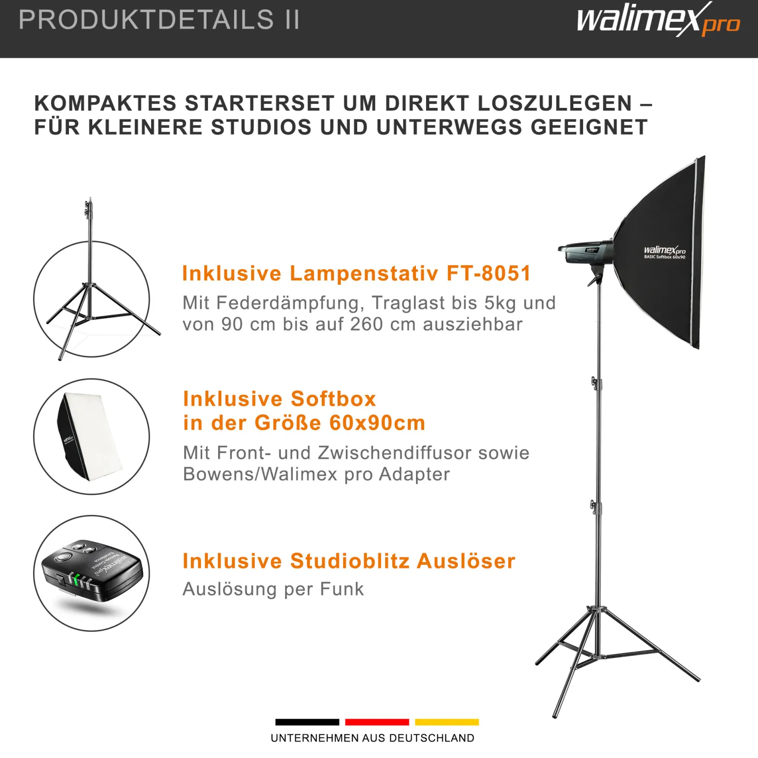 Walimex pro Emerger 200 Set Single Studioblitz mit 200 Ws Blitzleistung, Blitzgerät mit 2,4 GHz Funk, mit Softbox 60 x 90 cm und Lampenstativ, inkl. Transporttasche