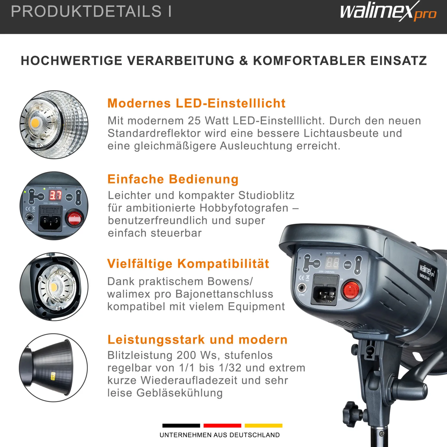 Walimex pro Emerger 200 Set Single Studioblitz mit 200 Ws Blitzleistung, Blitzgerät mit 2,4 GHz Funk, mit Softbox 60 x 90 cm und Lampenstativ, inkl. Transporttasche