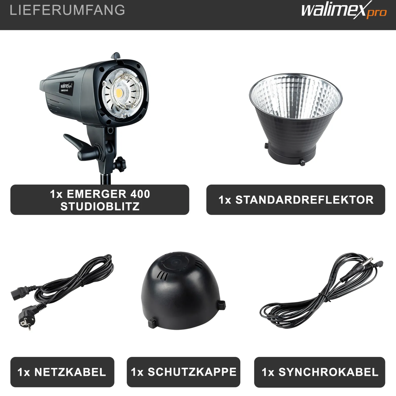Walimex pro Emerger 400 Studioblitz mit 400 Ws Blitzleistung, Blitzgerät mit 2,4 GHz Funk, Fotoblitz mit kurzer Wiederaufladezeit, Blitzleuchte mit dimmbarem LED-Einstelllicht