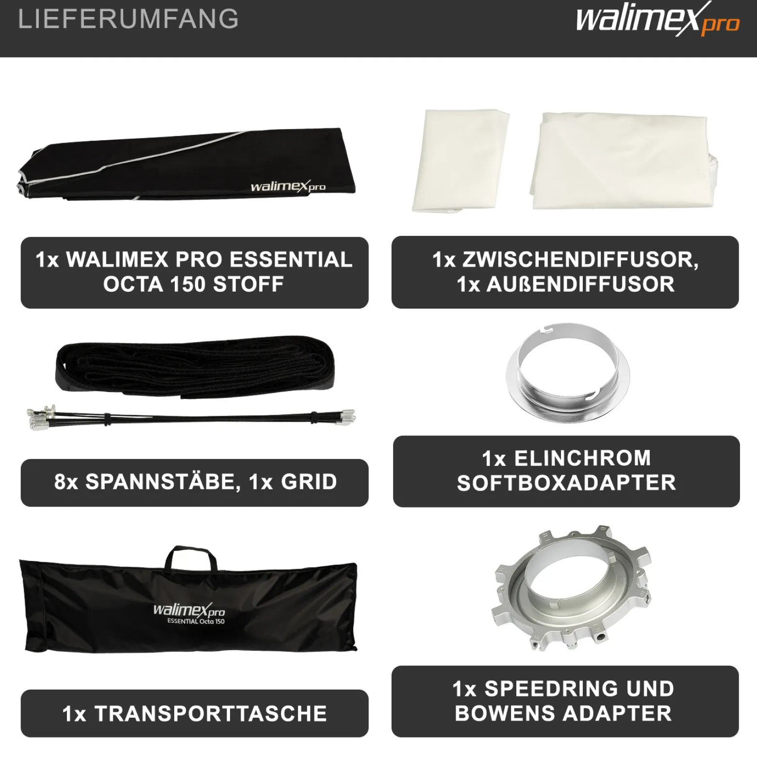 Walimex pro Essential Softbox Octagon 150cm + Adapter Elinchrom 15,2cm, 360°, einfacher Aufbau, inkl. Grid, Bowens Adapter und Transporttasche, ideal für Porträts und Beauty-Aufnahmen