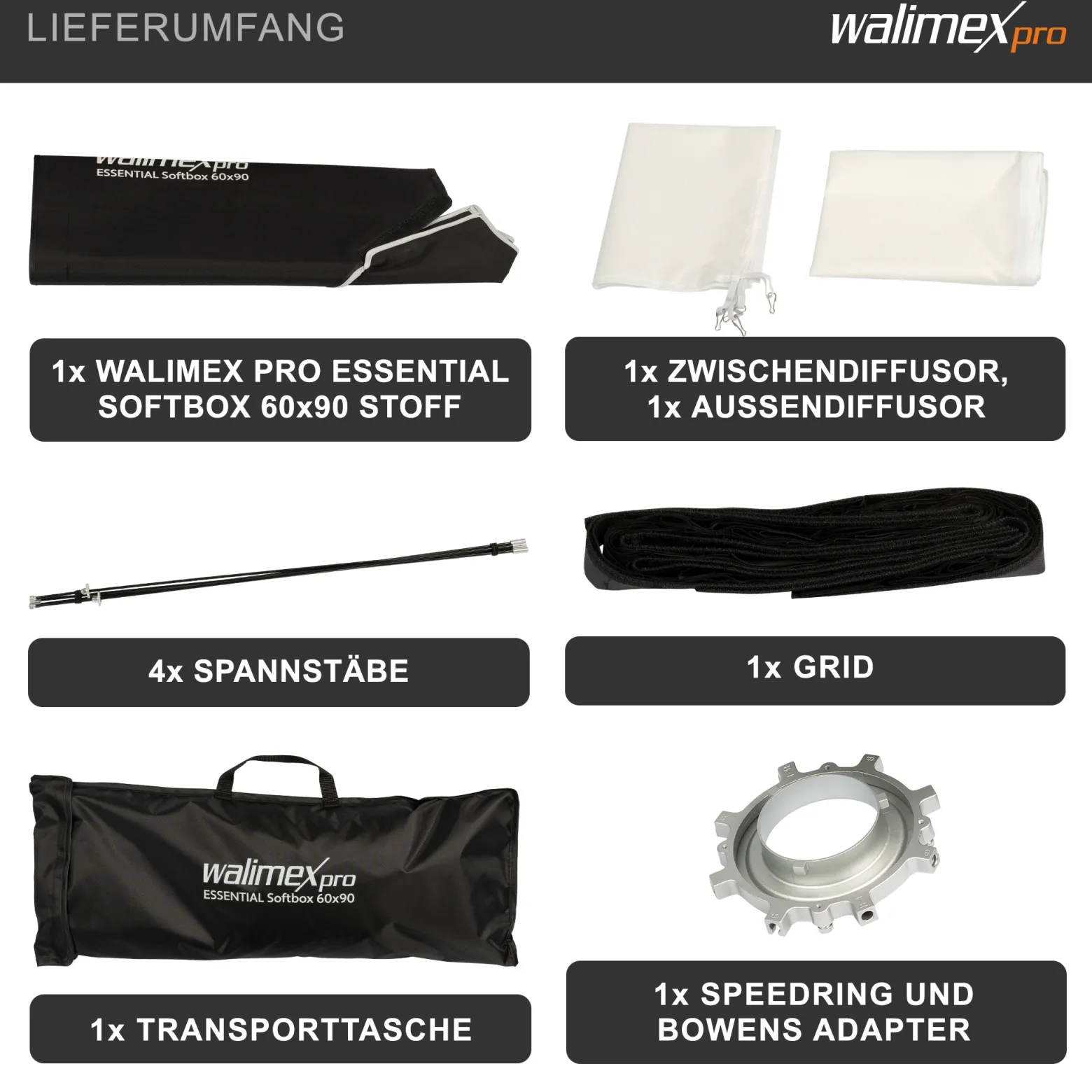 Walimex pro Essential Striplight Softbox 60 x 90 cm, Lichtformer um 360° drehbar, einfacher Aufbau, inkl. Grid, Bowens Adapter und Transporttasche, ideal für Produkt- und Peoplefotografie