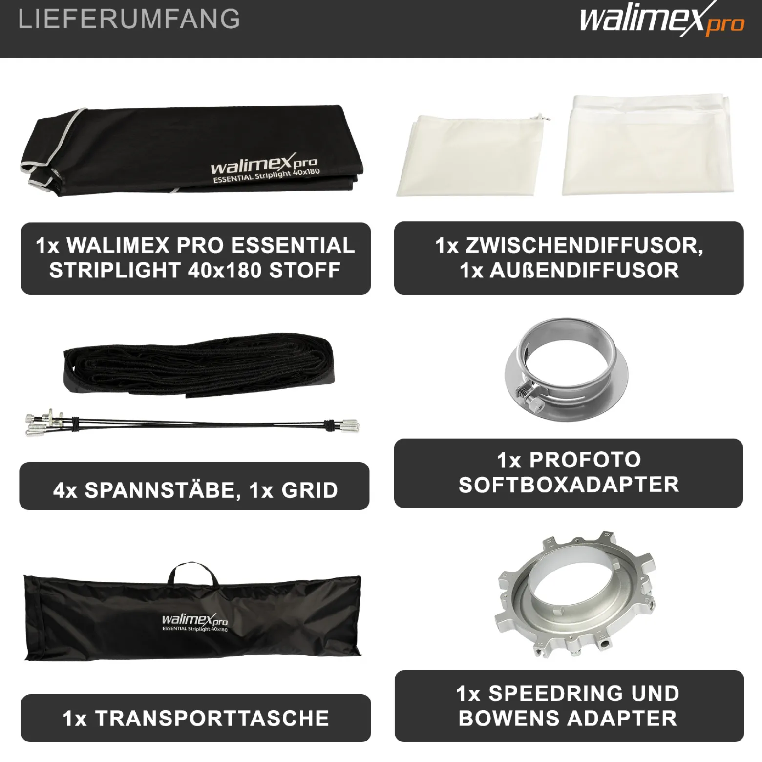Walimex pro Essential Striplight Softbox 40x180cm + Softboxadapter für Profoto (Außendurchmesser: 15,2 cm), um 360° drehbar, einfacher Aufbau, inkl. Grid, Bowens Adapter und Transporttasche
