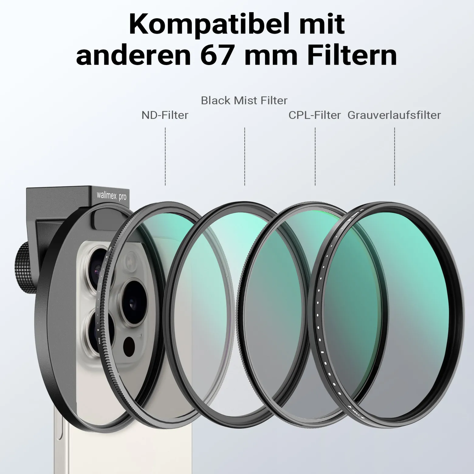Walimex pro Filterhalter 67 mm für Handykamera, inkl. Diffusionsfilter 67 mm, Cold Shoe Mount für LED und Mikrofon, Fotozubehör für professionelles Fotografieren mit Smartphone und Handy