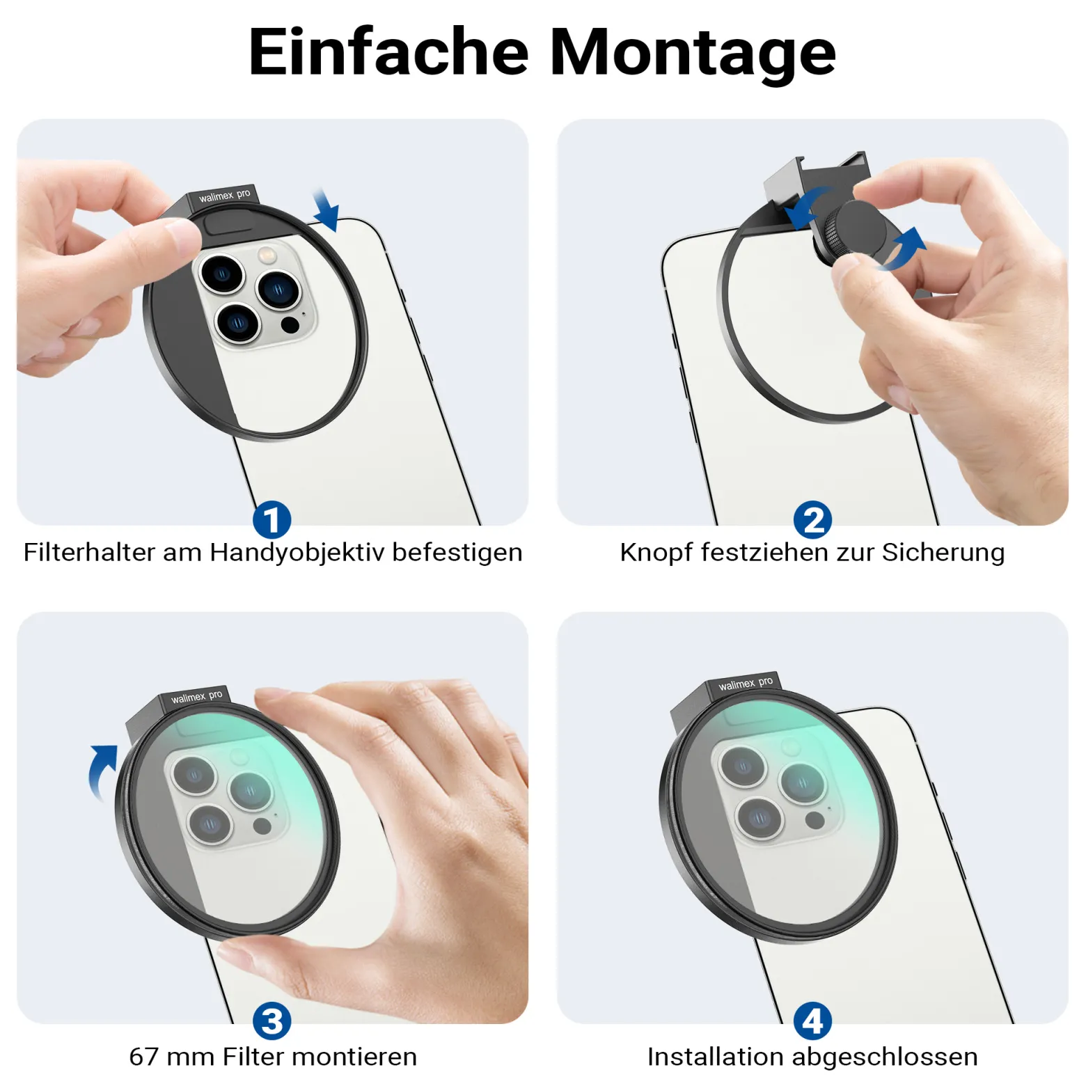 Walimex pro Filterhalter 67 mm für Handykamera, inkl. Diffusionsfilter 67 mm, Cold Shoe Mount für LED und Mikrofon, Fotozubehör für professionelles Fotografieren mit Smartphone und Handy