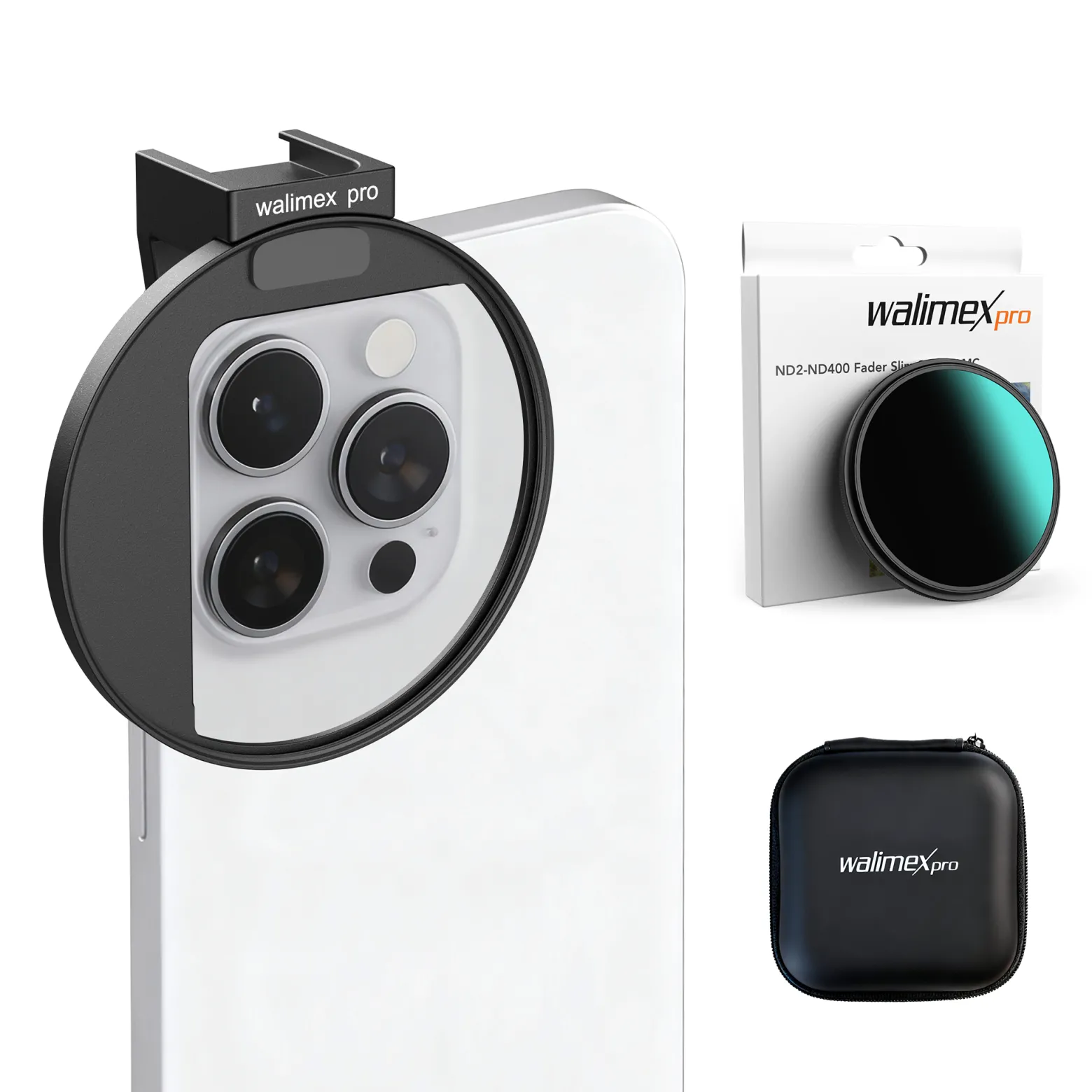 Walimex pro Filterhalter 67 mm für Handykamera, inkl. ND2-ND400 Filter 67 mm, Cold Shoe Mount für LED und Mikrofon, Fotozubehör für professionelles Fotografieren mit Smartphone und Handy