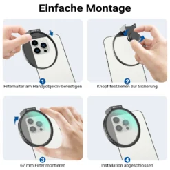 Walimex pro Filterhalter 67 mm für Handykamera, inkl. ND2-ND400 Filter 67 mm, Cold Shoe Mount für LED und Mikrofon, Fotozubehör für professionelles Fotografieren mit Smartphone und Handy