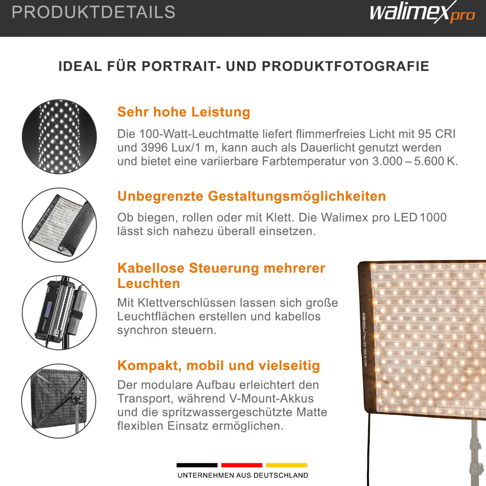 Walimex pro Flex LED 1000 Bi Color Leuchtmatte Set inkl. Softbox mit Frontdiffusor, 100 W Flächenleuchte, flexible Studioleuchte dimmbar, spritzwassergeschützte Videoleuchte