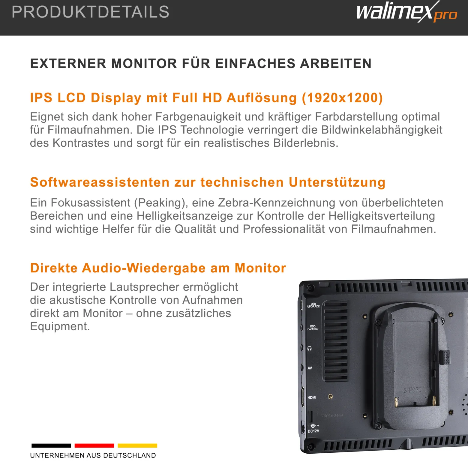 Walimex pro Full HD Monitor Director III - 7 Zoll / 17 x 176 x 130 mm - inkl. 1x Akku / 1/4" Gewinde - mit HDMI und AV Eingang, IPS-Panel, Peaking Zebra Histogramm