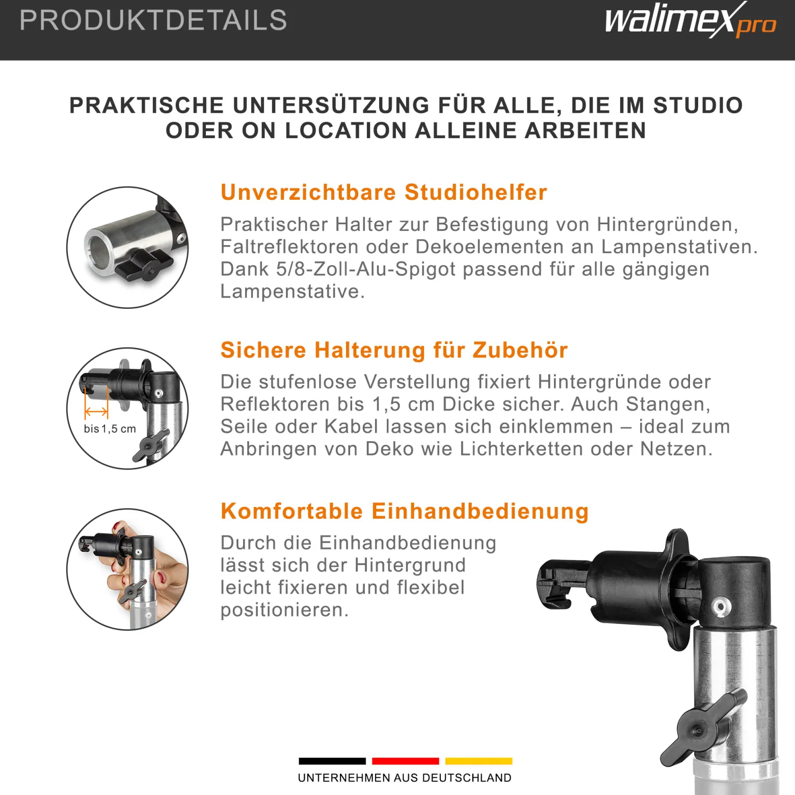Walimex pro Halter Faltreflektor mit 5/8 Zoll Spigot, Reflektorhalter und Hintergrund Halterung bis 1,5 cm, für Lampenstativ, Studio und On Location