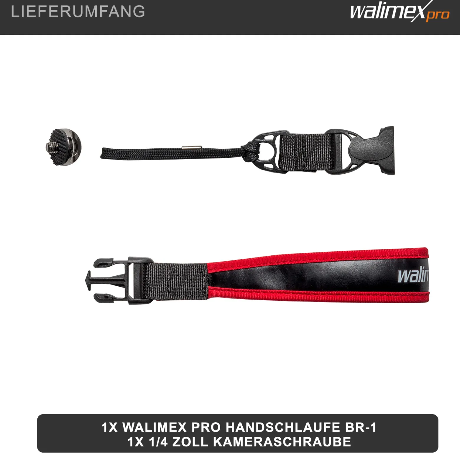 Walimex pro Handschlaufe BR-1 - 330 x 30 x 20 mm - aus weichem Neopren - mit 1/4" Kamerachraube - Farbe schwarz rot