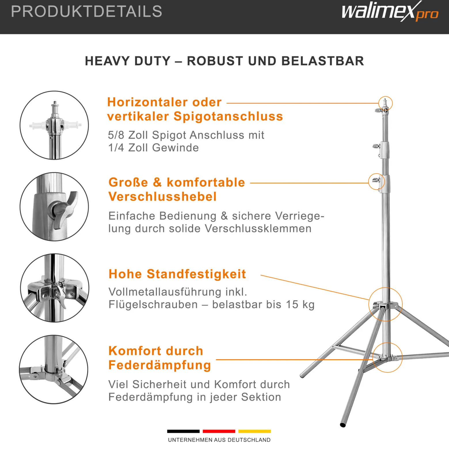 Walimex pro Heavy Duty Edelstahl Lampenstativ bis 15 kg belastbar, Lichtstativ höhenverstellbar bis 270 cm, Blitzstativ federgedämpft inkl. Tasche & Spigotadapter mit 1/4 & 3/8 Zoll Gewinde