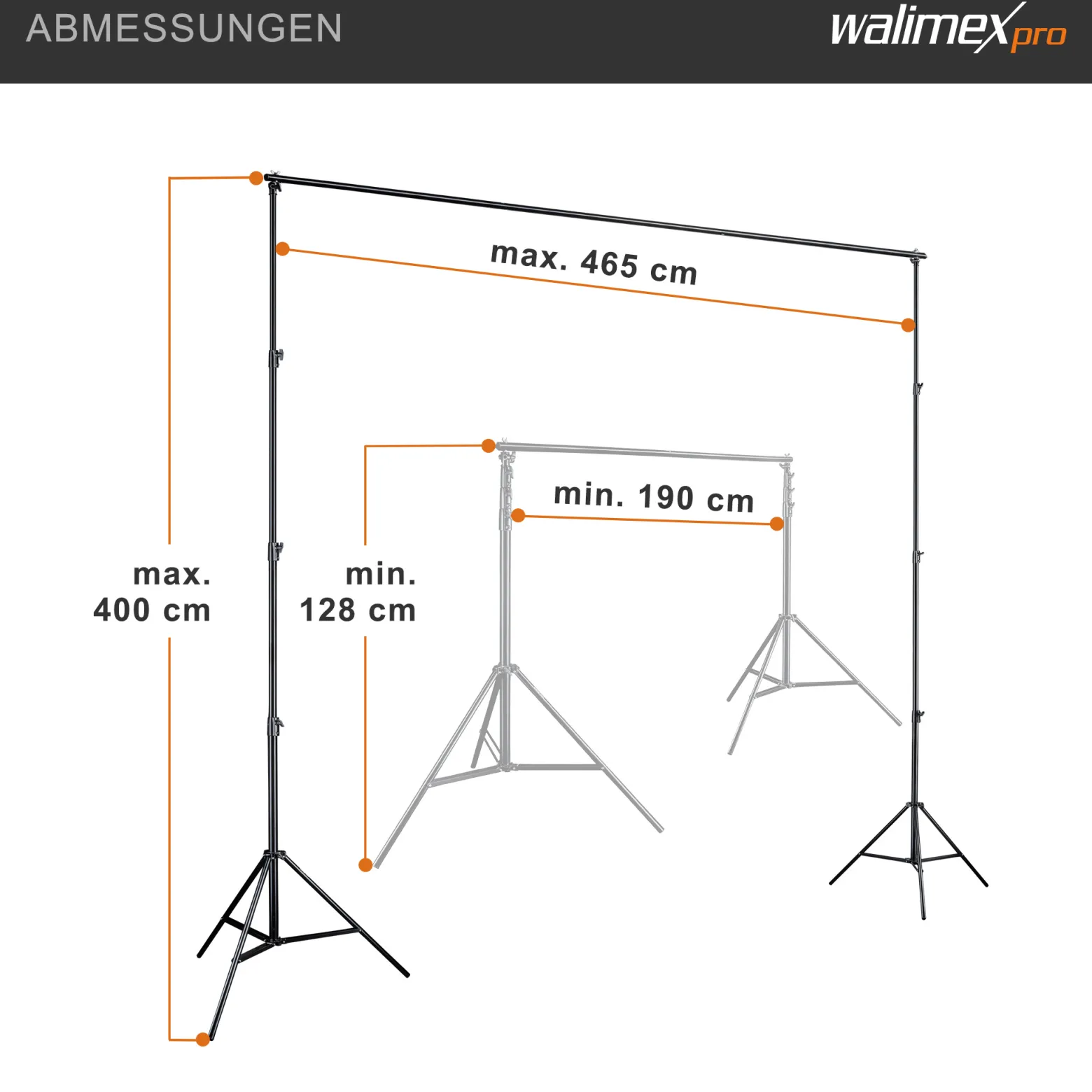 Walimex pro Hintergrundsystem XXL 190-465 cm breit, Hintergrundständer bis 400 cm Höhe, Lampenstative mit 5/8 Zoll Spigot, Hintergrund-Set für Fotografie, Video & Green Screen
