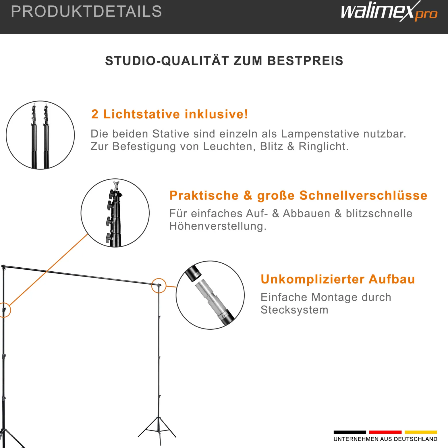 Walimex pro Hintergrundsystem XXL 190-465 cm breit, Hintergrundständer bis 400 cm Höhe, Lampenstative mit 5/8 Zoll Spigot, Hintergrund-Set für Fotografie, Video & Green Screen