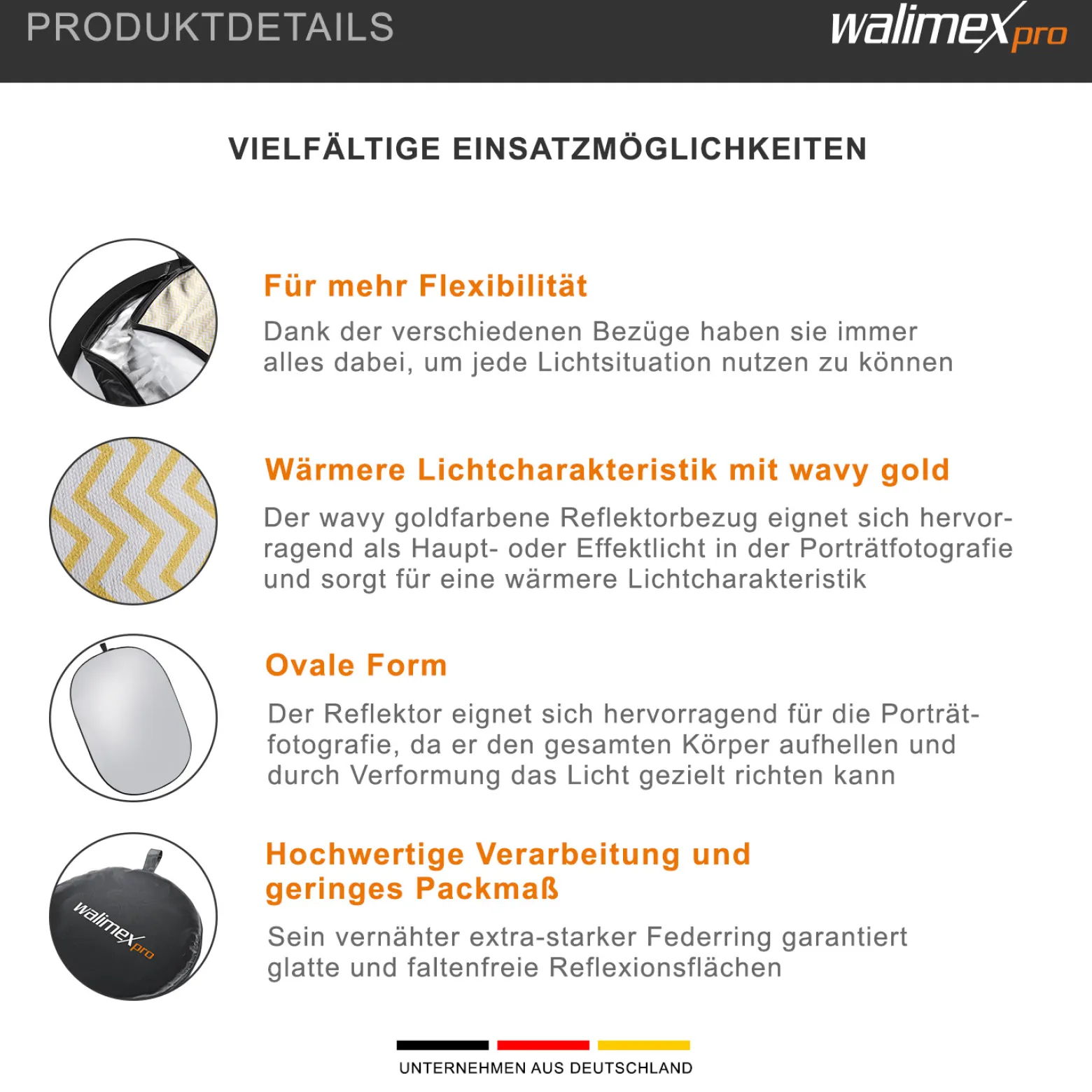 Walimex pro 5-in-1 Faltreflektor Set 1680 x 1020 x 20 mm oval wavy goldfarben silberfarben weiß schwarz transparent Lichtreflektor inkl. Transporttasche