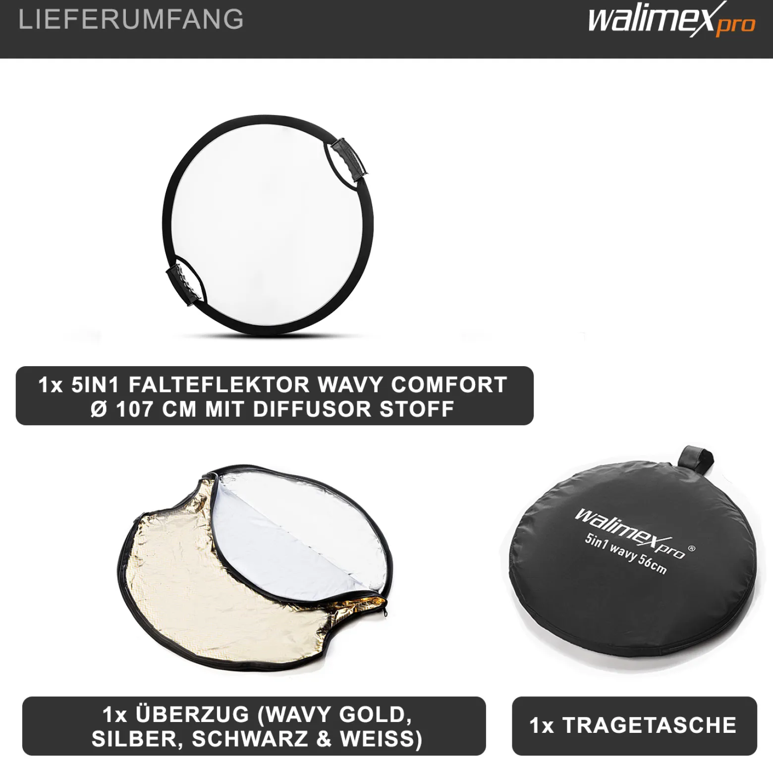 Walimex pro 5-in-1 Faltreflektor Set wavy comfort mit Pop up Funktion Ø 107 cm Wavy-Goldfarben Silberfarben Weiß Schwarz Transparent inkl. Transporttasche