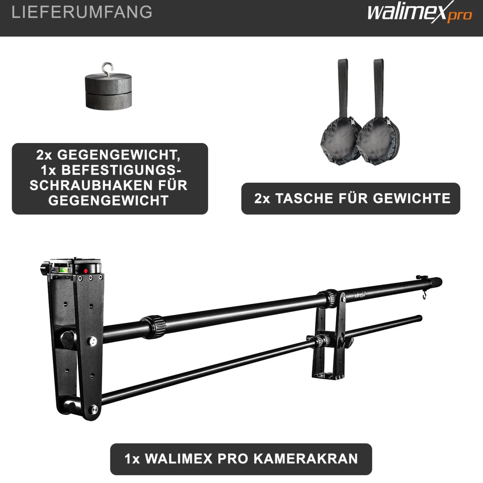 Walimex pro Kamerakran Director Pro - 770 x 90 x 250 mm / max. Traglast 3 kg - mit 1/4" und 3/8" Gewinde, Moosgummi Handgriff und Tragetaschen - schwarz