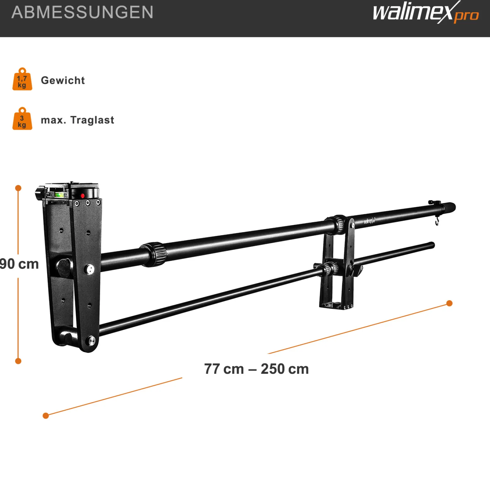 Walimex pro Kamerakran Director Pro - 770 x 90 x 250 mm / max. Traglast 3 kg - mit 1/4" und 3/8" Gewinde, Moosgummi Handgriff und Tragetaschen - schwarz