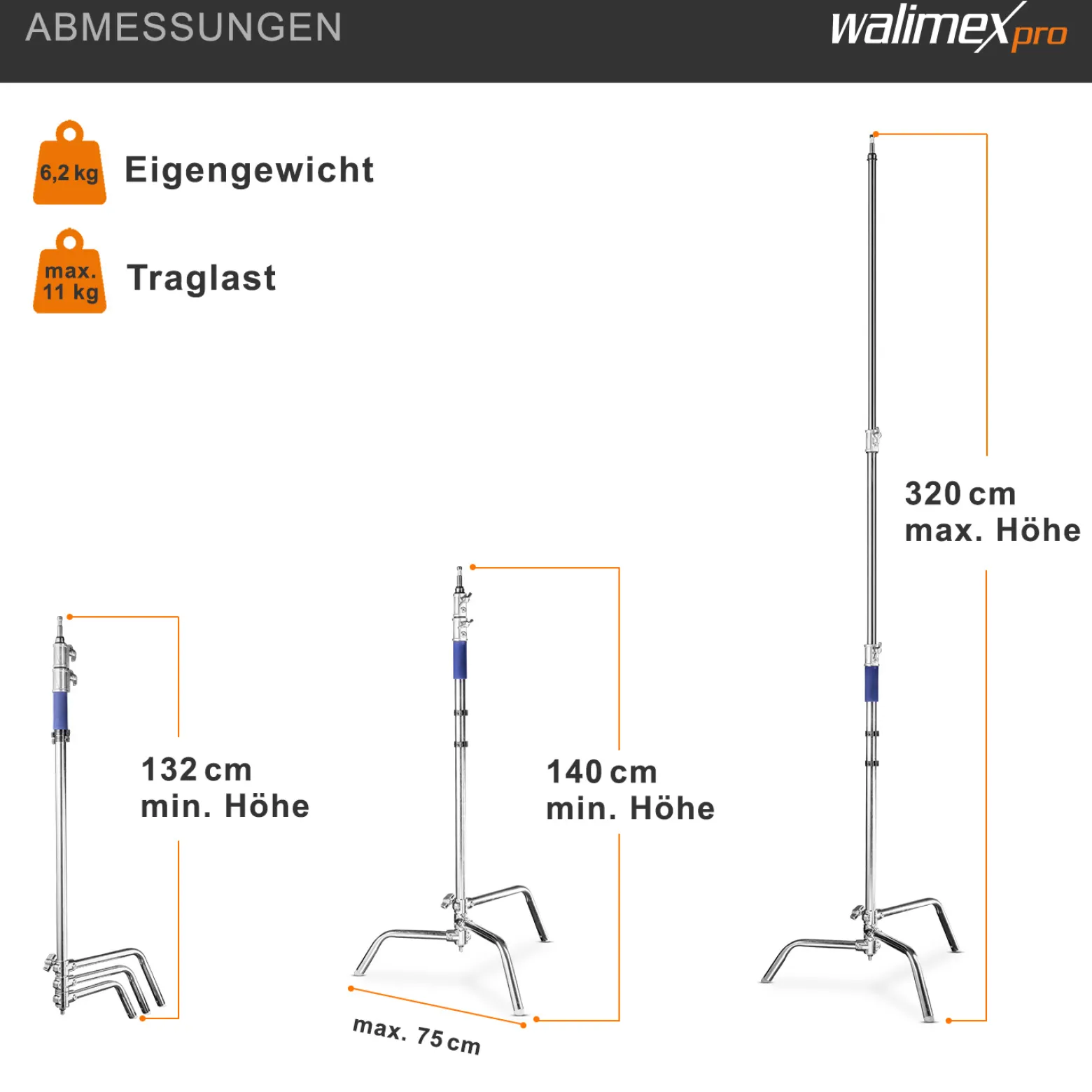 Walimex pro Lampenstativ mit verstellbarem Fuß – silberfarben – 750 x 750 x 1400 mm – Tragkraft bis 11 kg – mit 5/8" Spigot – Century Stand für Studiolicht Studioblitz