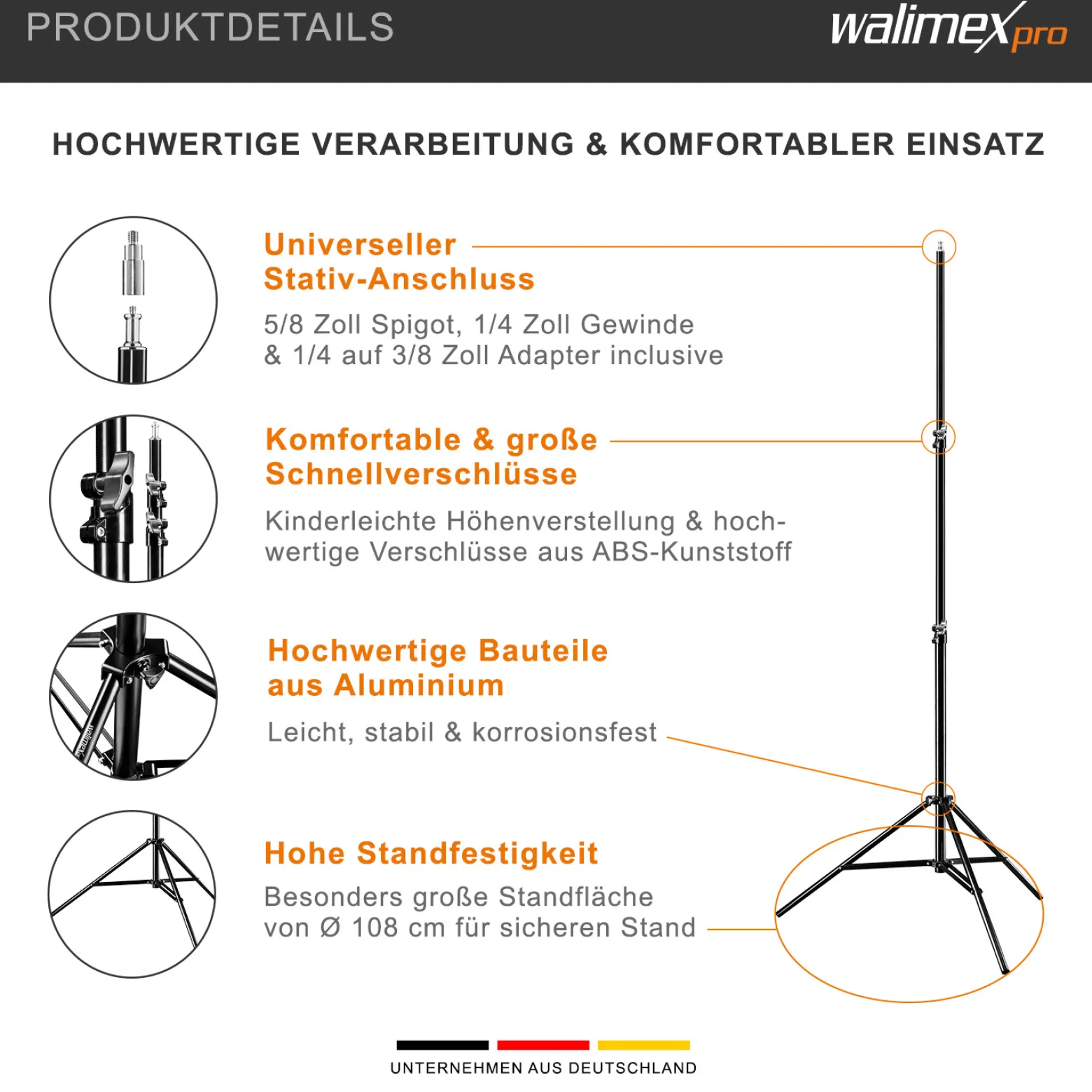 Walimex pro Lampenstativ Set mit Tasche, 3 verschiedene Lichtstative plus Transporttasche bis max. 256 cm Höhe, Blitzstativ belastbar max. 6 kg für Studio und Outdoor