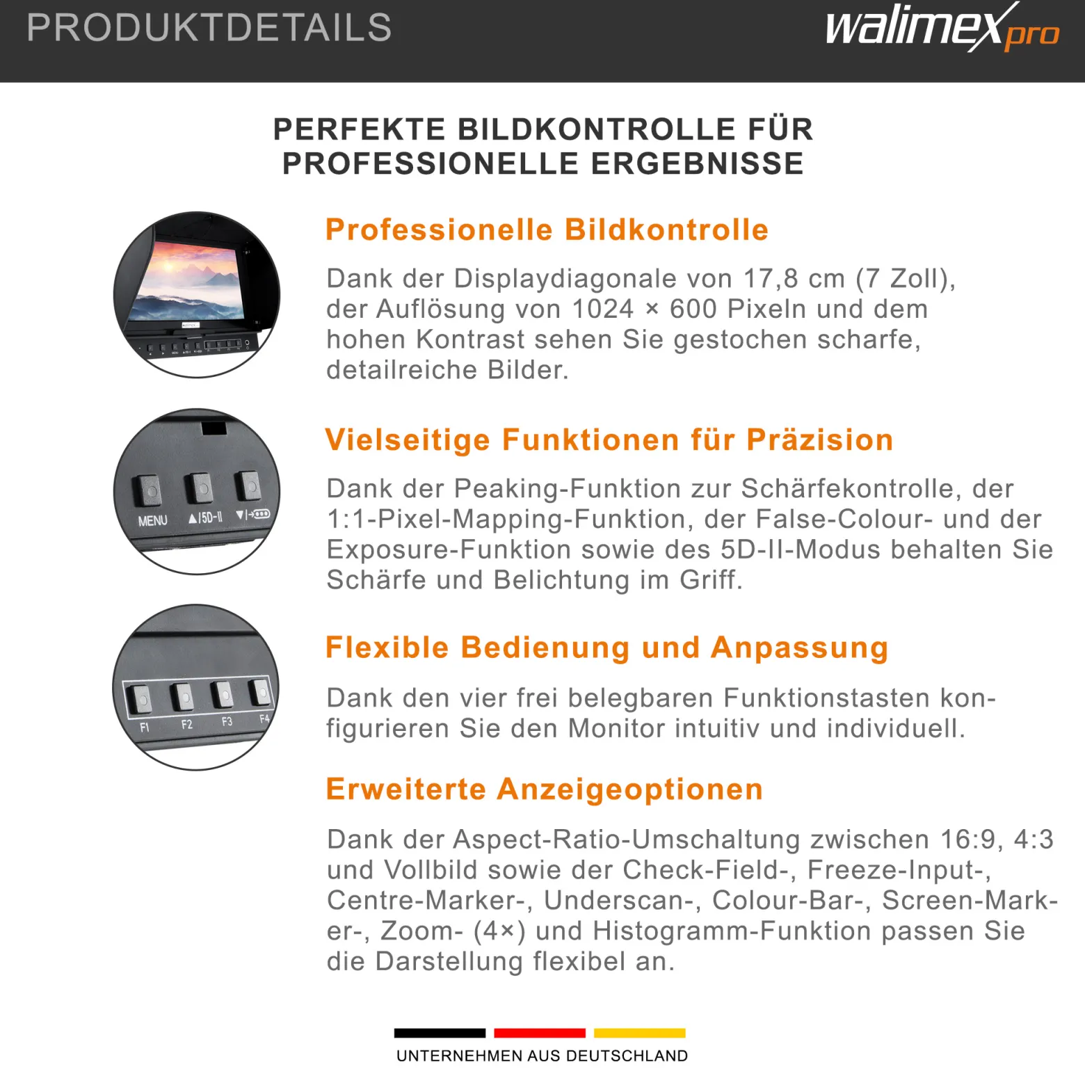 Walimex pro LCD Monitor Director 7 Zoll 17,8 cm Kamera Monitor mit Full HD Unterstützung, Peaking, False Colour, Histogramm, frei belegbare Funktionstasten