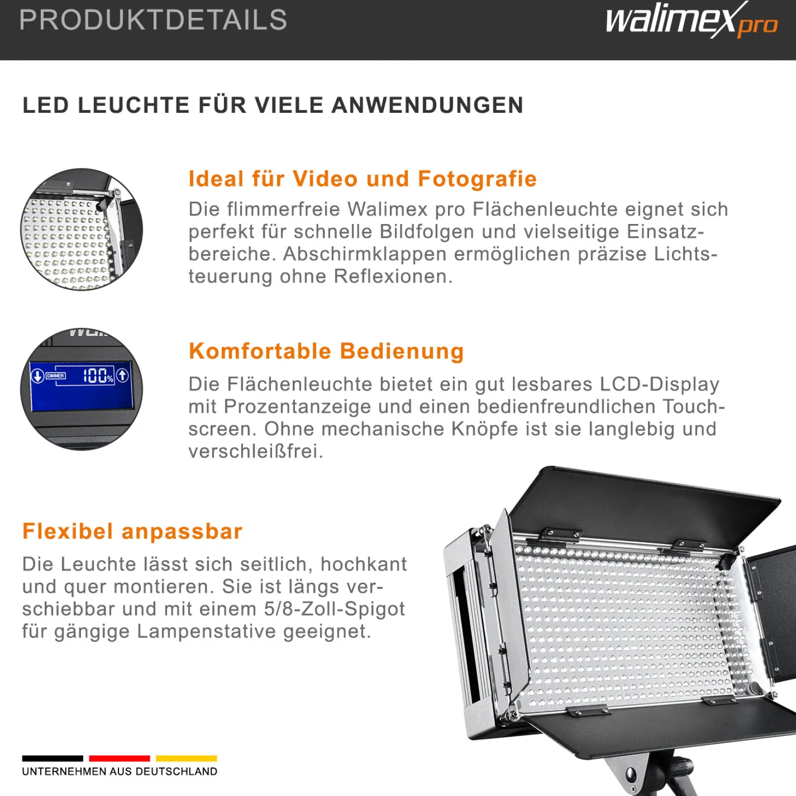Walimex pro LED 500 Flächenleuchte, dimmbares Flächenlicht mit LCD-Display & Touchscreen, Videoleuchte mit vier Abschirmkappen, Stativaufnahme neigbar